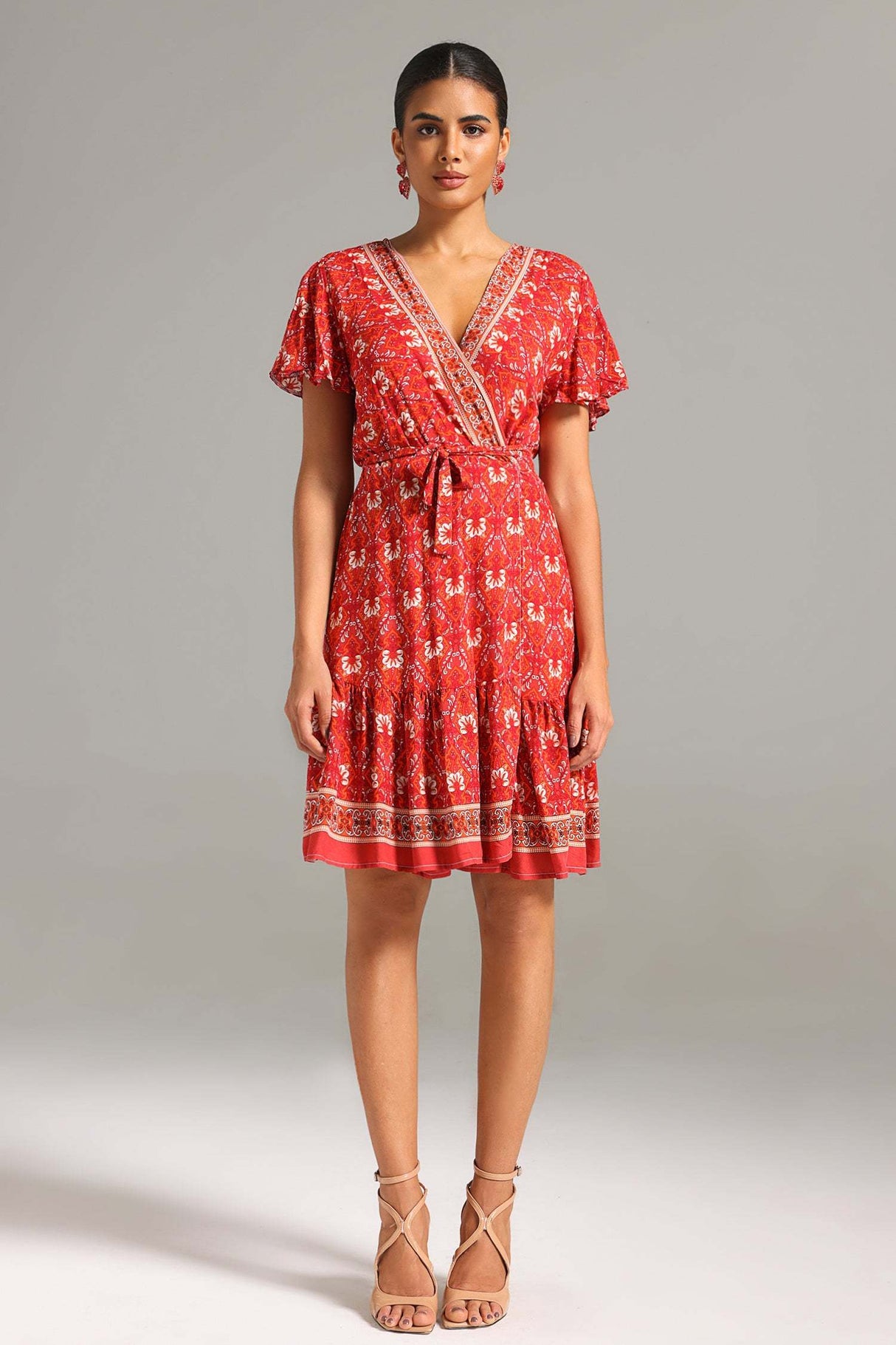 Leslie Red Floral V-Neckline Flutter Sleeve Dress for Women