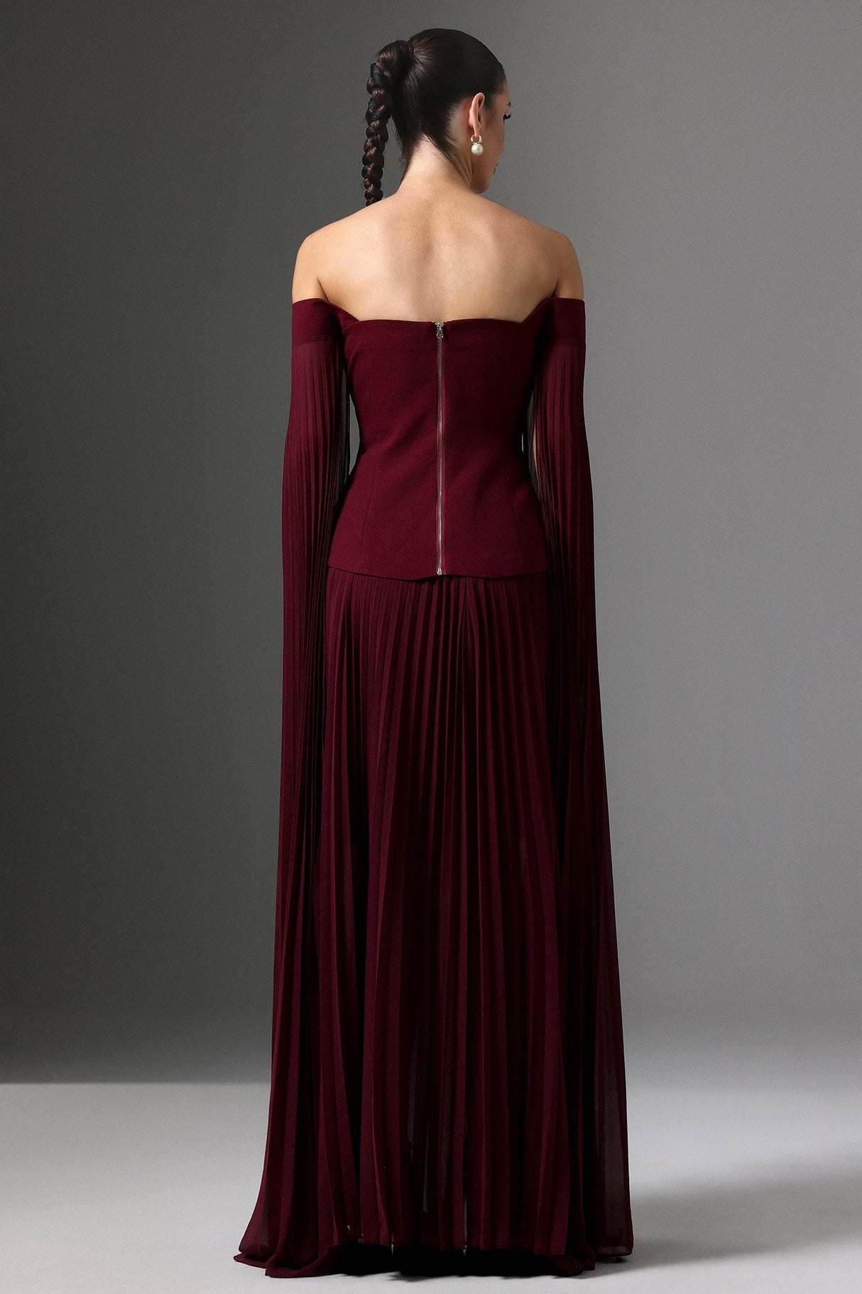 Lesly Burgundy Off-the-Shoulder Ruched Maxi Dress with Long Sleeves