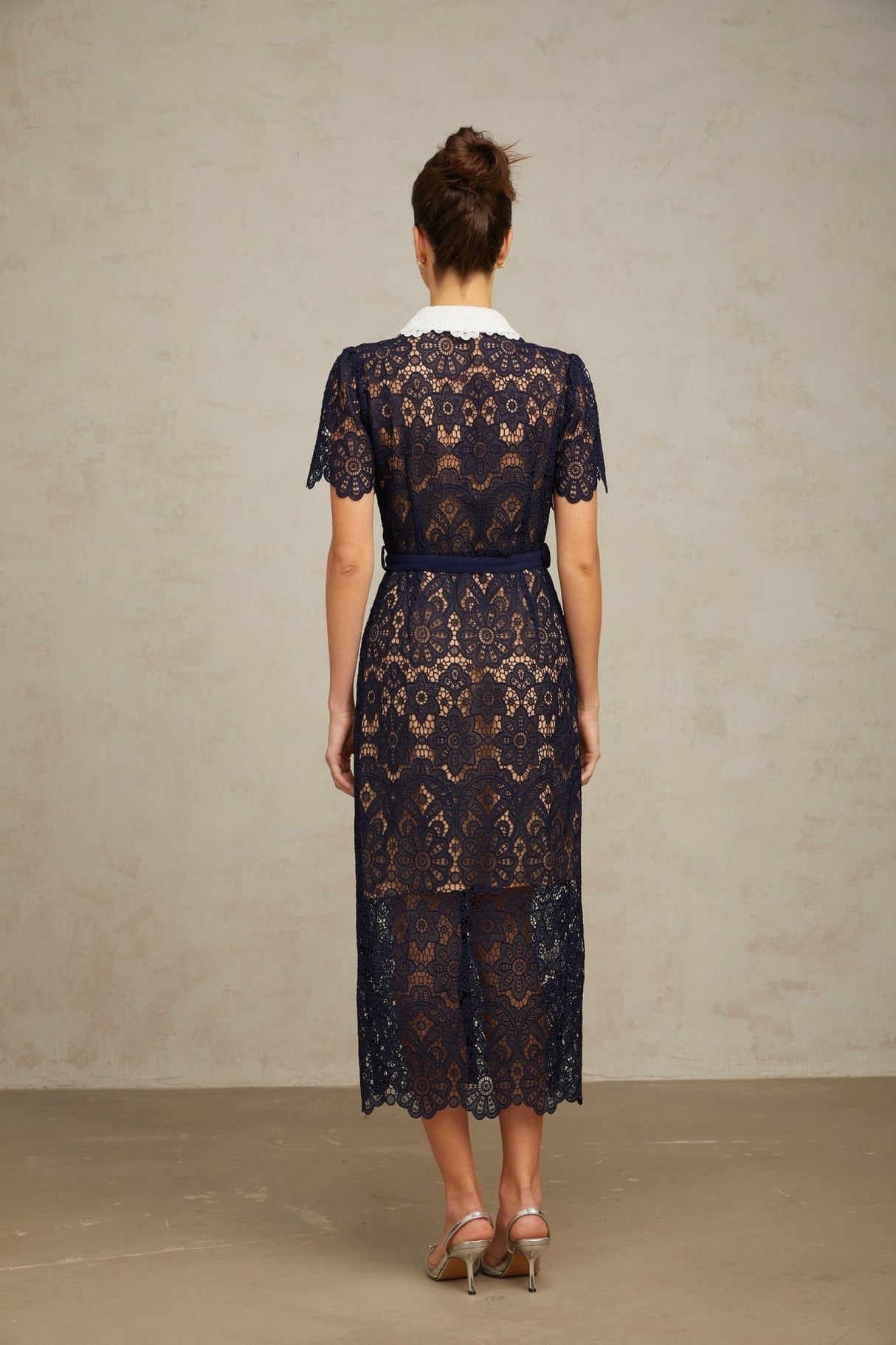 Lesly Floral Midi Dress in Dark Blue with Intricate Crochet Lace & Belted Waist