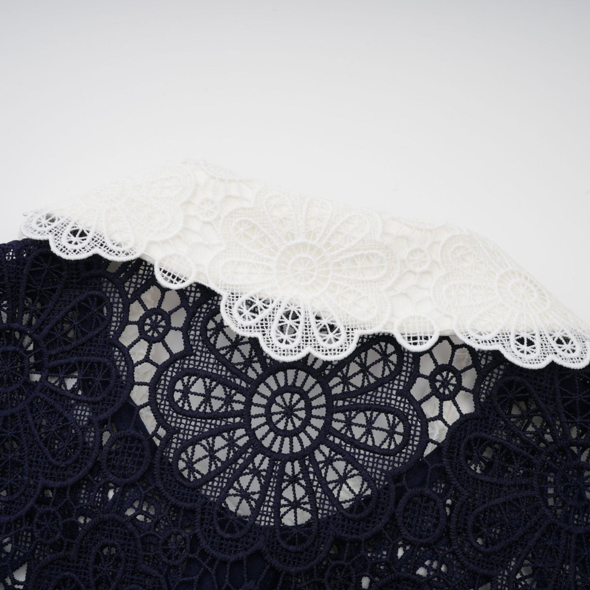 Lesly Floral Midi Dress in Dark Blue with Intricate Crochet Lace & Belted Waist