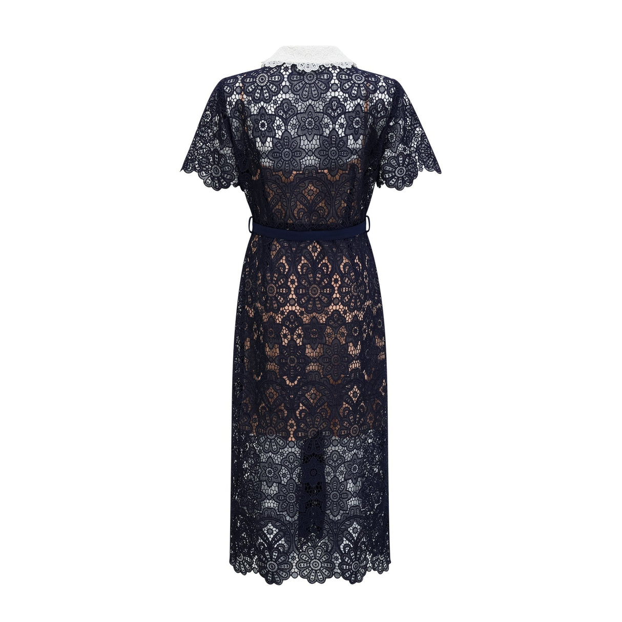 Lesly Floral Midi Dress in Dark Blue with Intricate Crochet Lace & Belted Waist