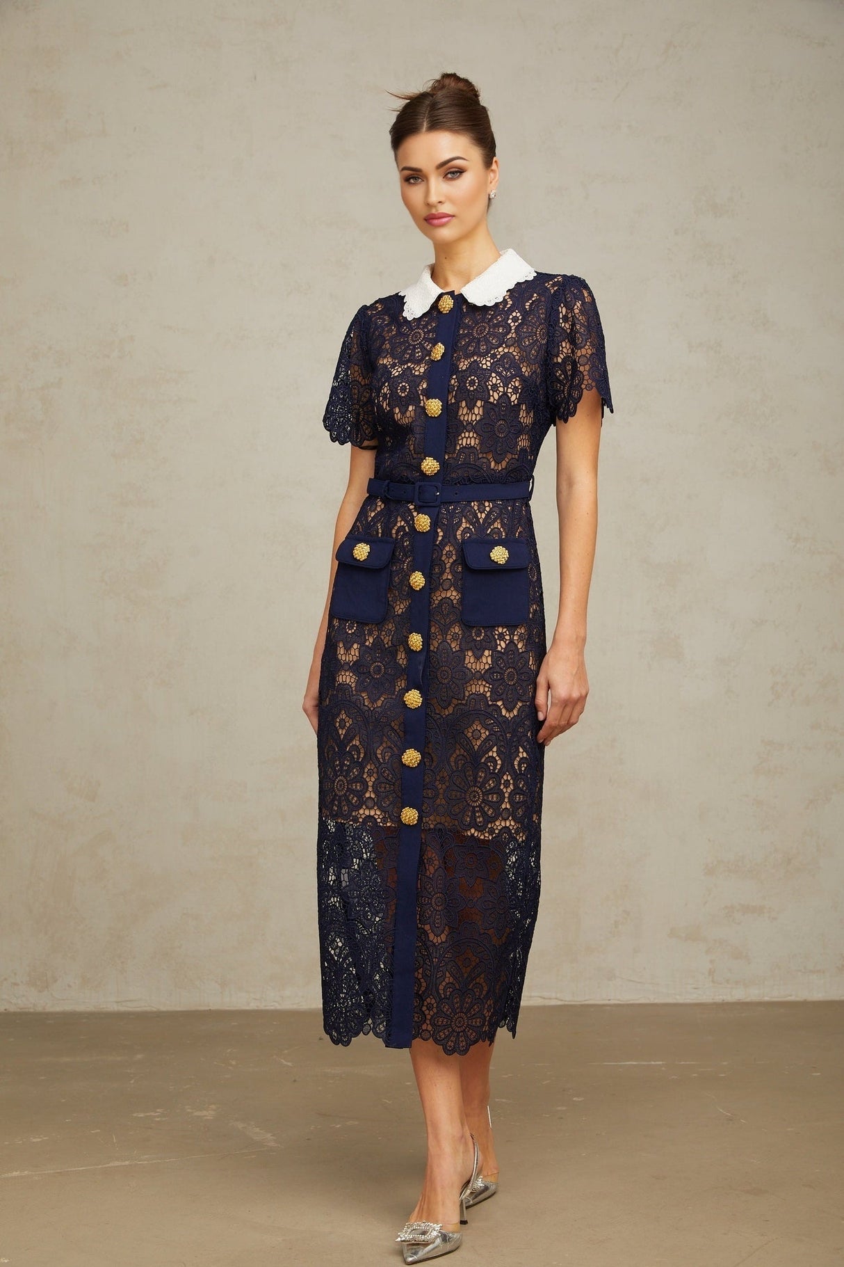 Lesly Floral Midi Dress in Dark Blue with Intricate Crochet Lace & Belted Waist