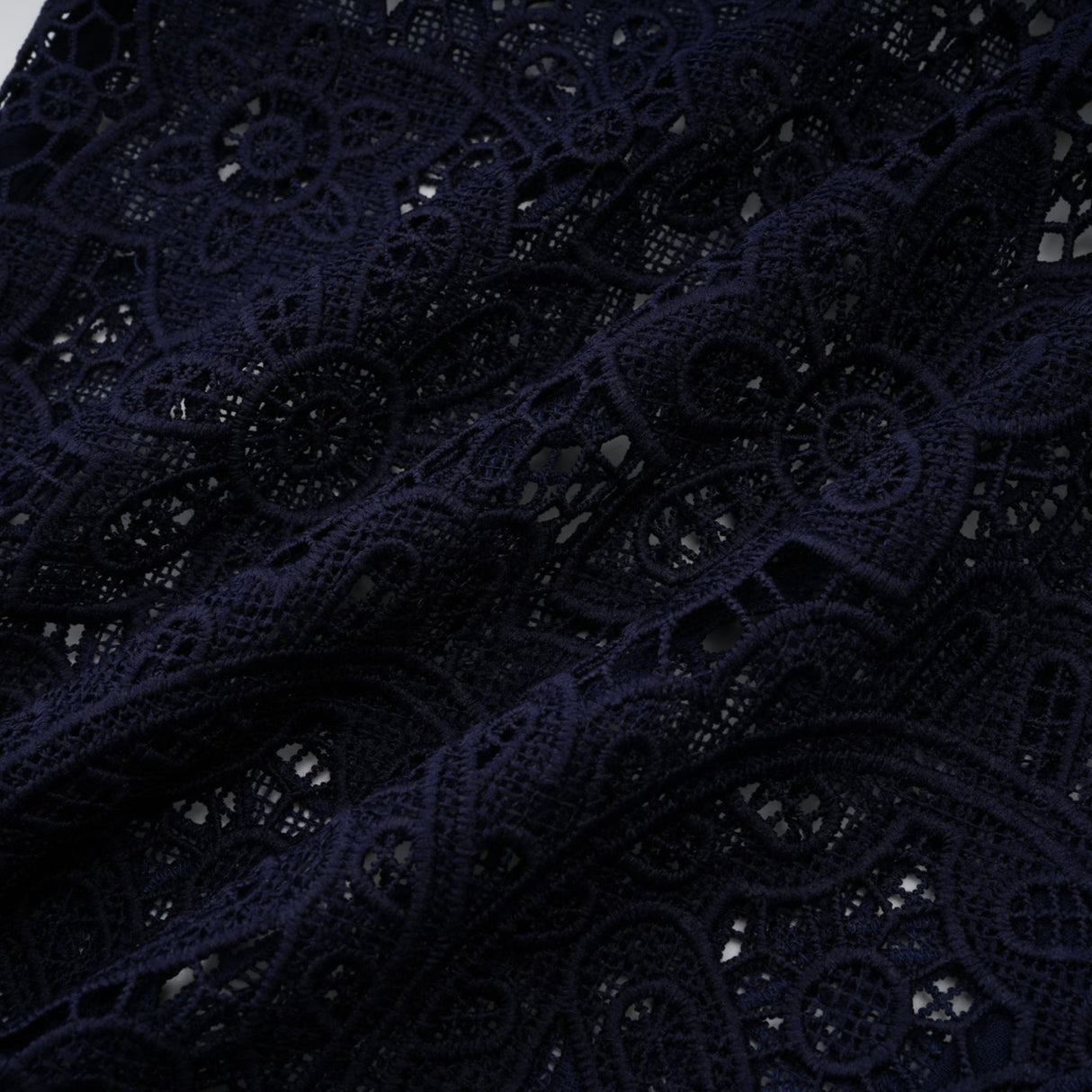 Lesly Floral Midi Dress in Dark Blue with Intricate Crochet Lace & Belted Waist