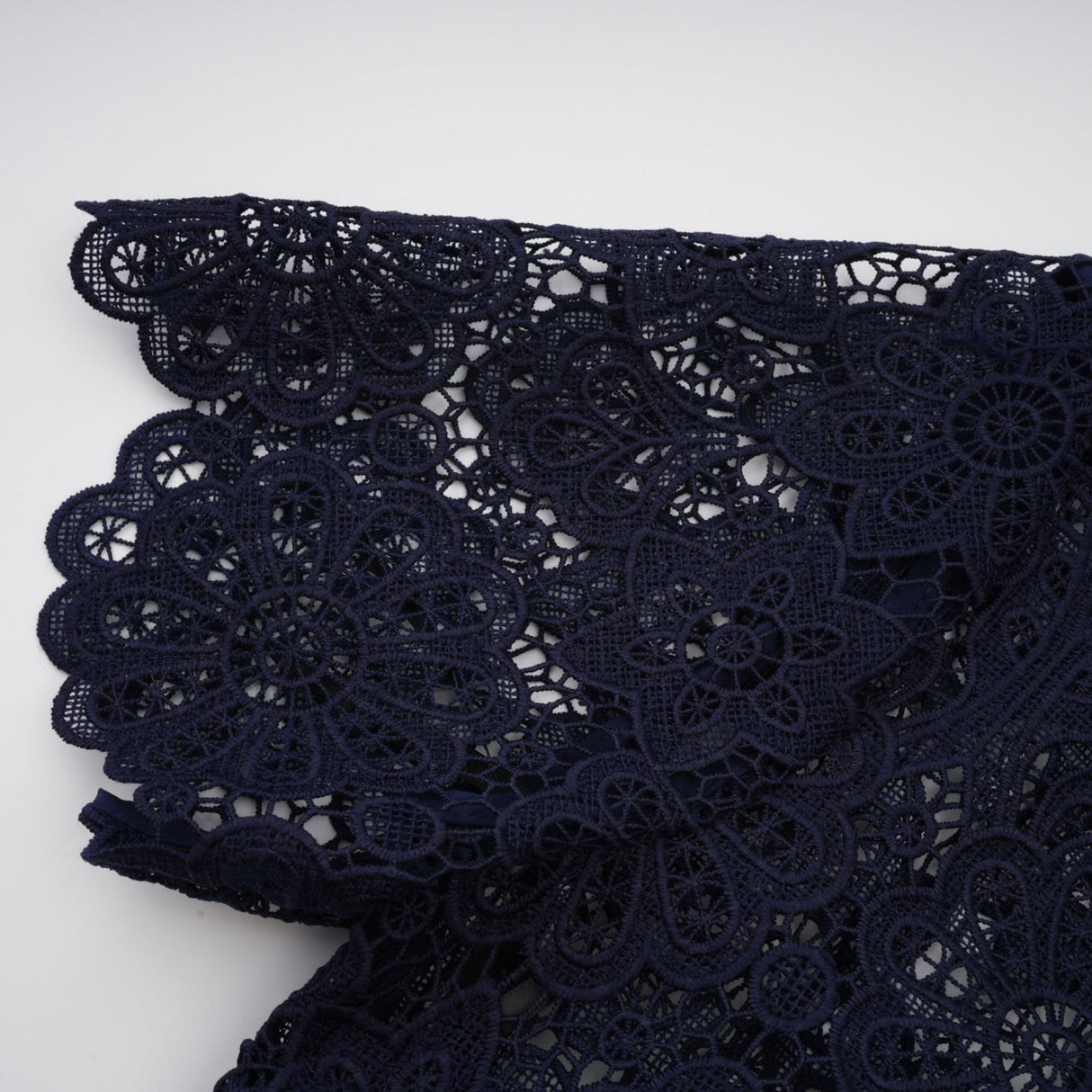 Lesly Floral Midi Dress in Dark Blue with Intricate Crochet Lace & Belted Waist