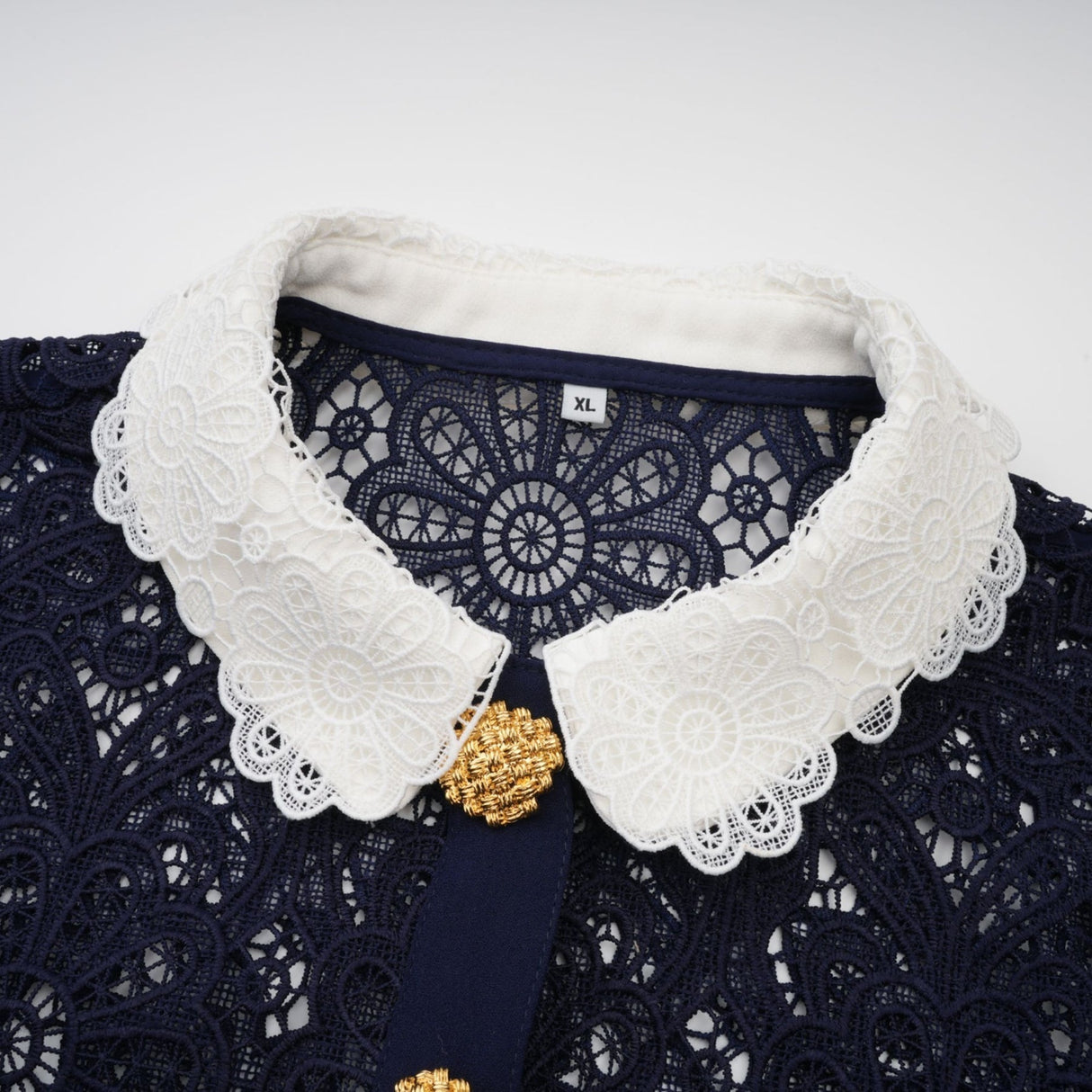 Lesly Floral Midi Dress in Dark Blue with Intricate Crochet Lace & Belted Waist