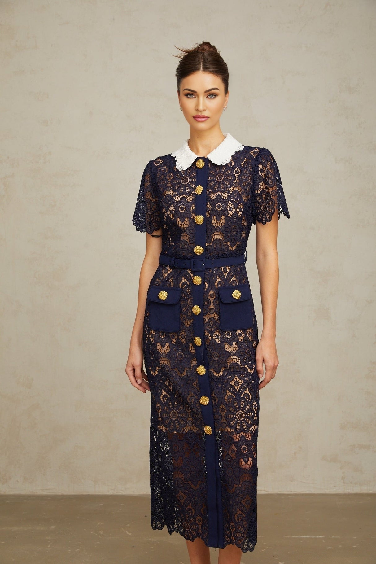 Lesly Floral Midi Dress in Dark Blue with Intricate Crochet Lace & Belted Waist