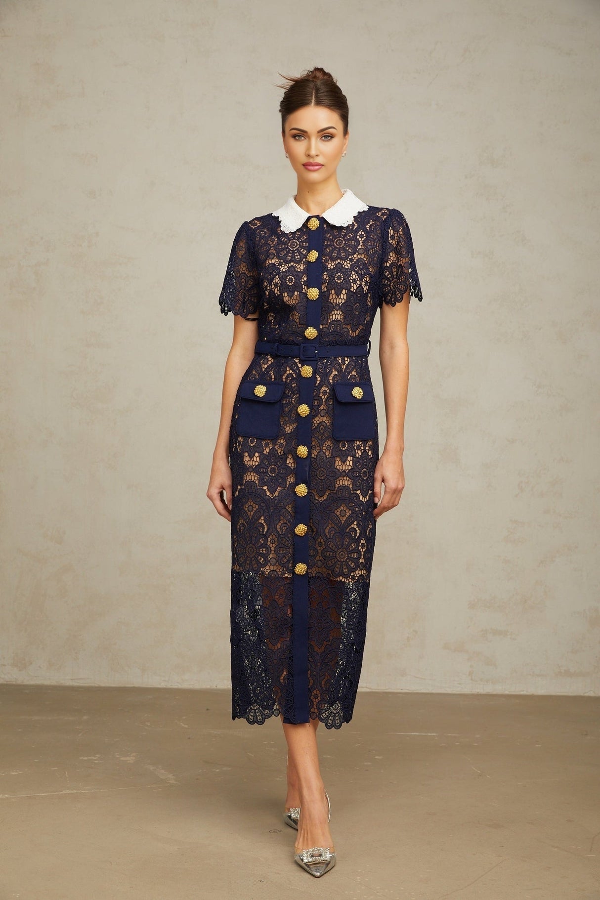 Lesly Floral Midi Dress in Dark Blue with Intricate Crochet Lace & Belted Waist