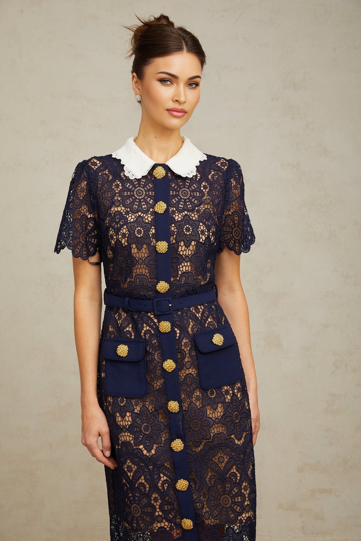 Lesly Floral Midi Dress in Dark Blue with Intricate Crochet Lace & Belted Waist