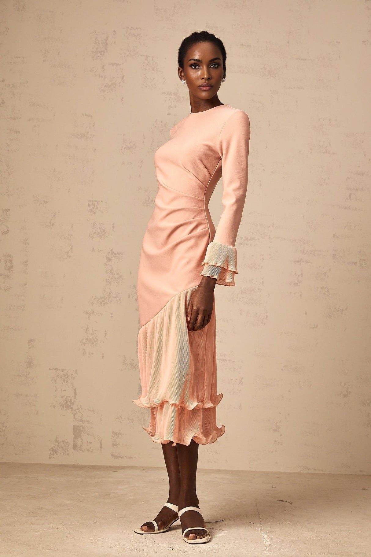 Lesly Midi Dress Pink Ruffle Panel & Cinched Waist