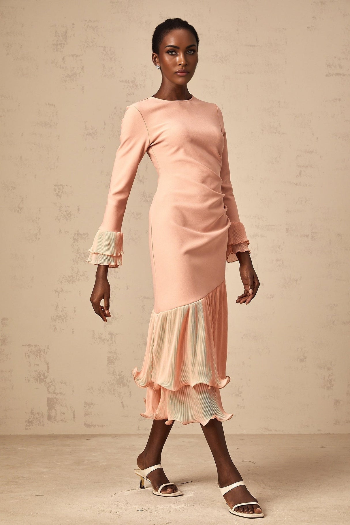 Lesly Midi Dress Pink Ruffle Panel & Cinched Waist