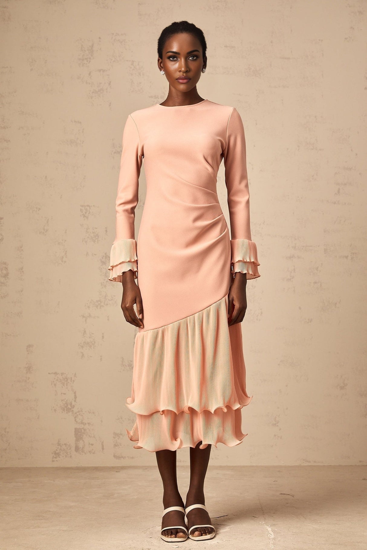 Lesly Midi Dress Pink Ruffle Panel & Cinched Waist