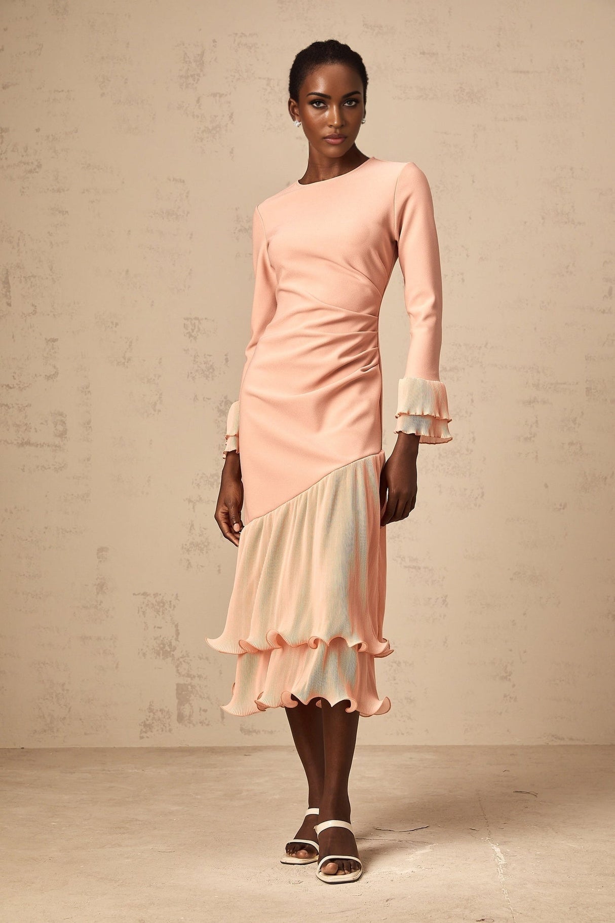 Lesly Midi Dress Pink Ruffle Panel & Cinched Waist