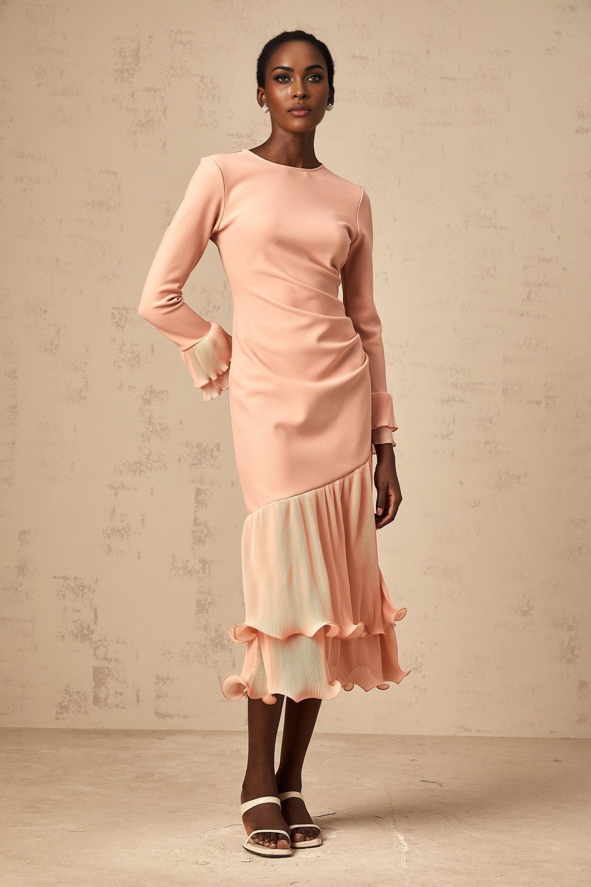 Lesly Midi Dress Pink Ruffle Panel & Cinched Waist