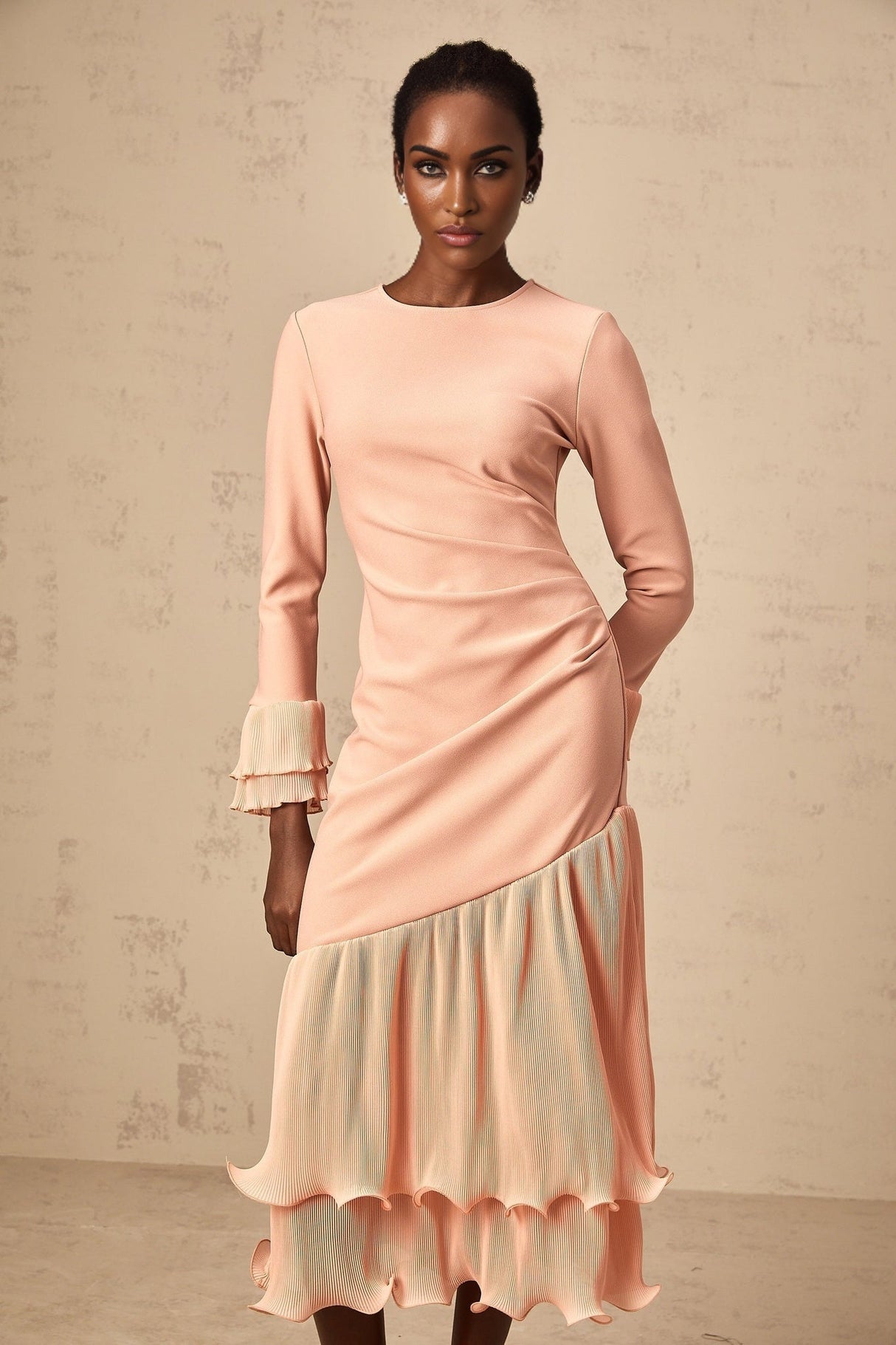 Lesly Midi Dress Pink Ruffle Panel & Cinched Waist