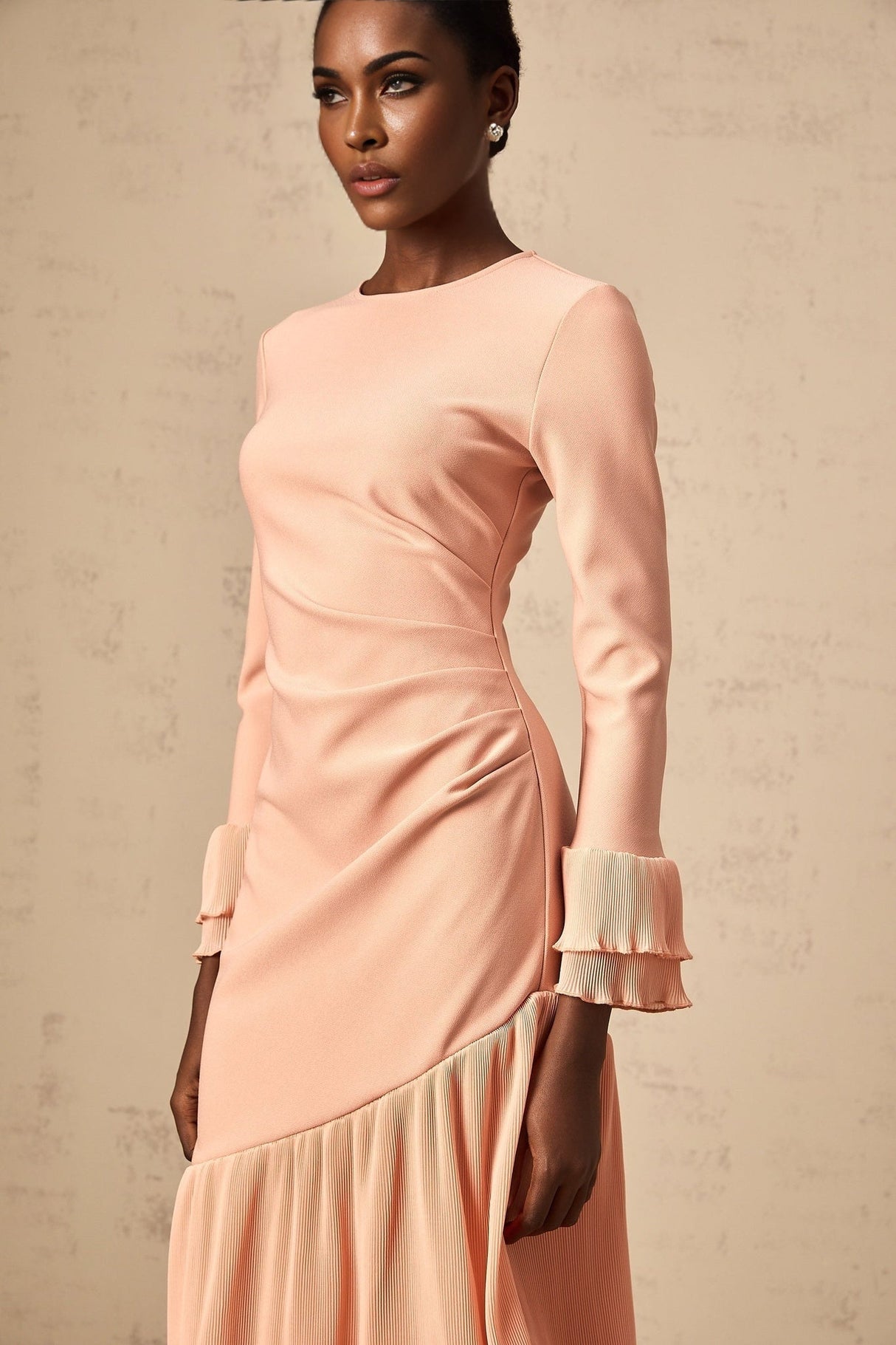 Lesly Midi Dress Pink Ruffle Panel & Cinched Waist