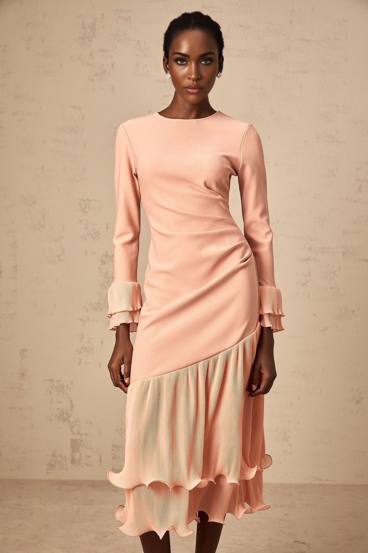 Lesly Midi Dress Pink Ruffle Panel & Cinched Waist