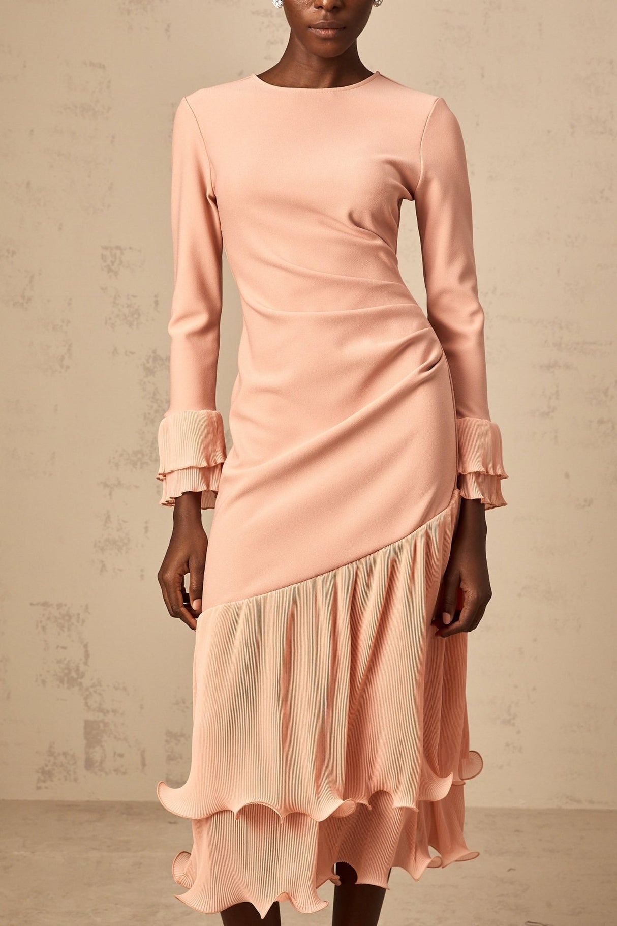 Lesly Midi Dress Pink Ruffle Panel & Cinched Waist