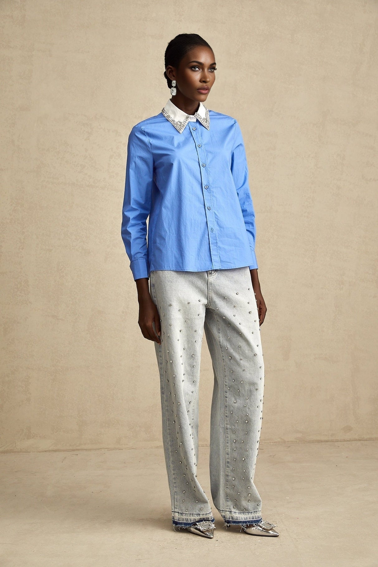 Lesly Shirt Blue Rhinestone Color Block Embellished & Chic