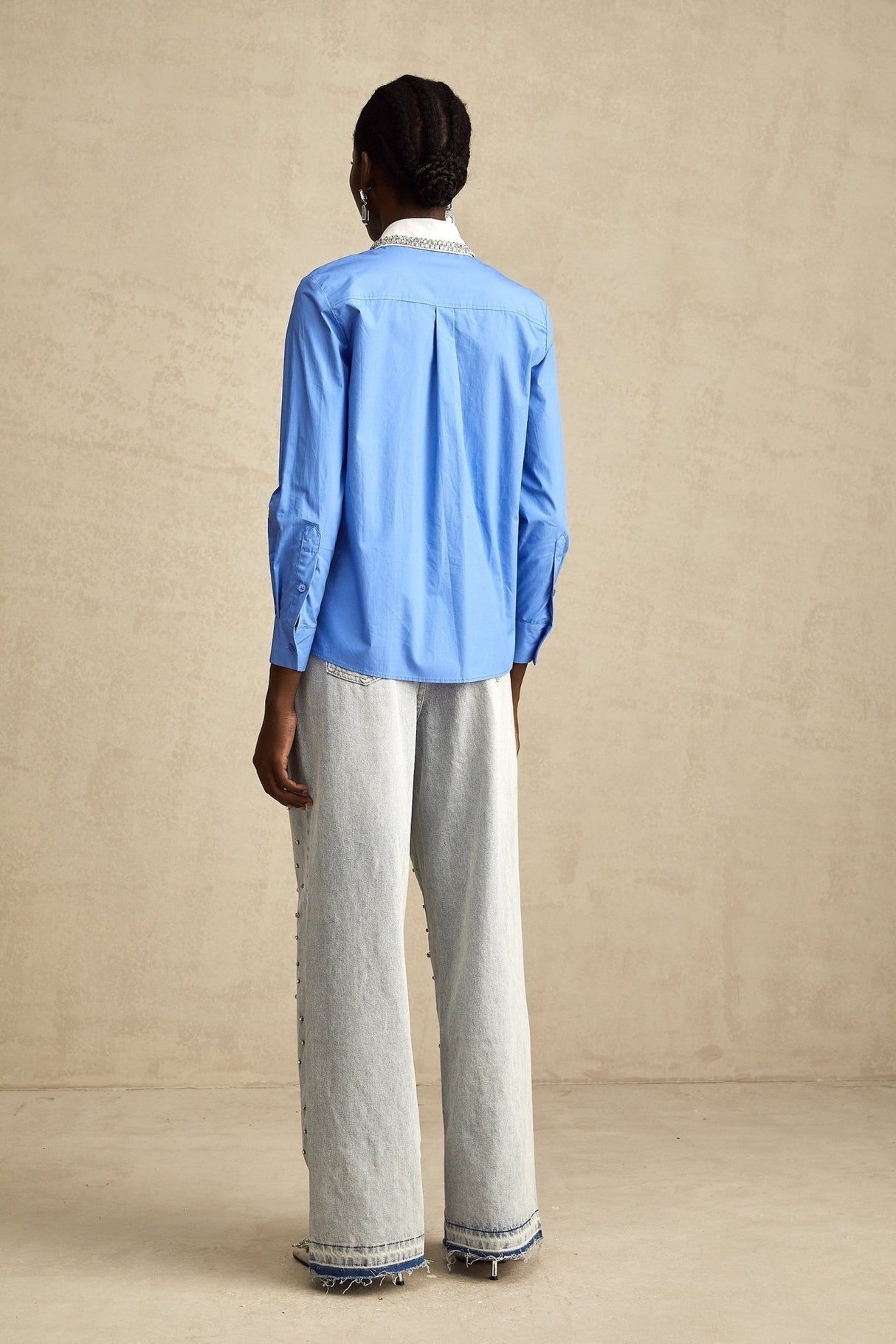 Lesly Shirt Blue Rhinestone Color Block Embellished & Chic