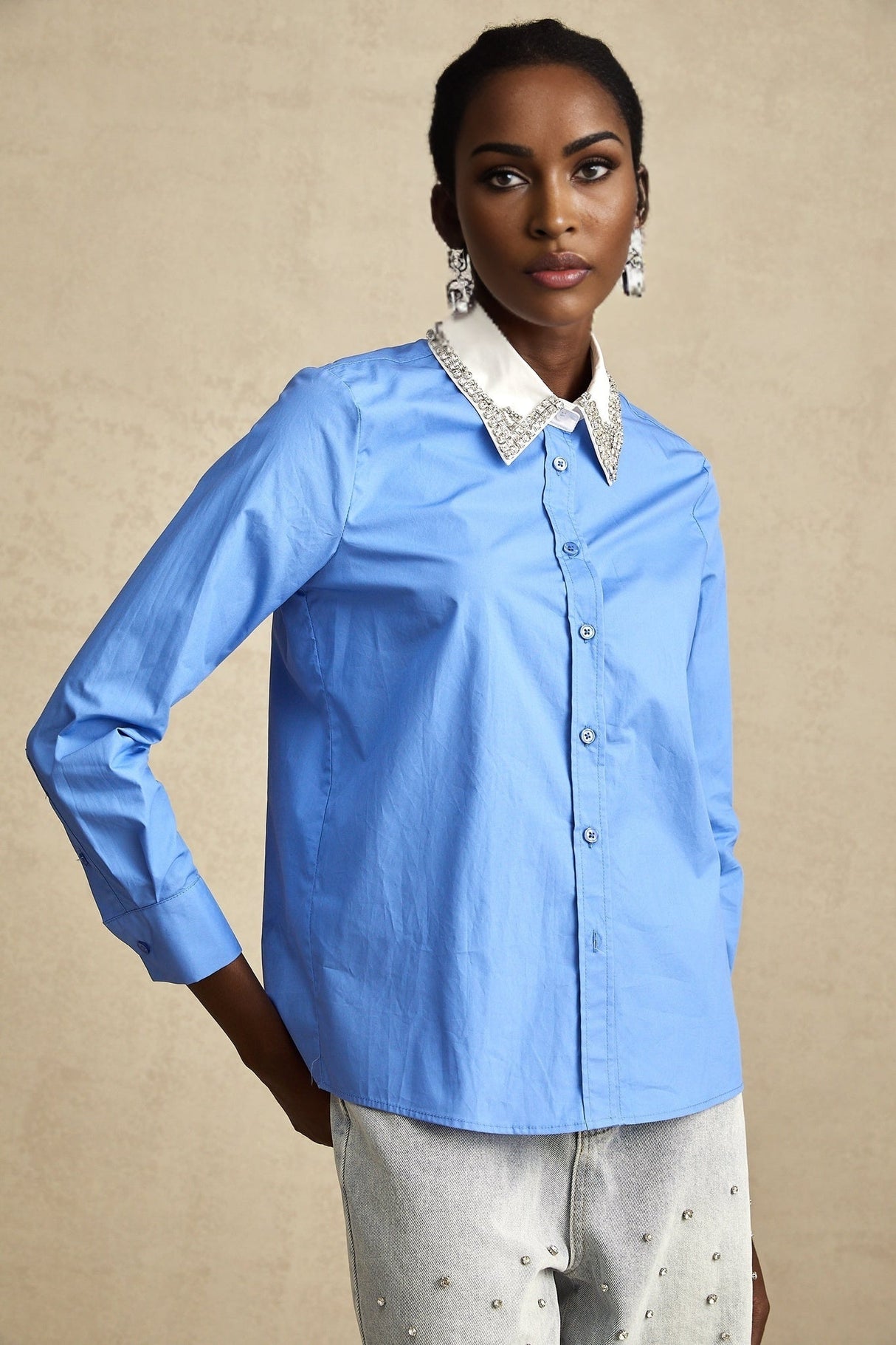 Lesly Shirt Blue Rhinestone Color Block Embellished & Chic