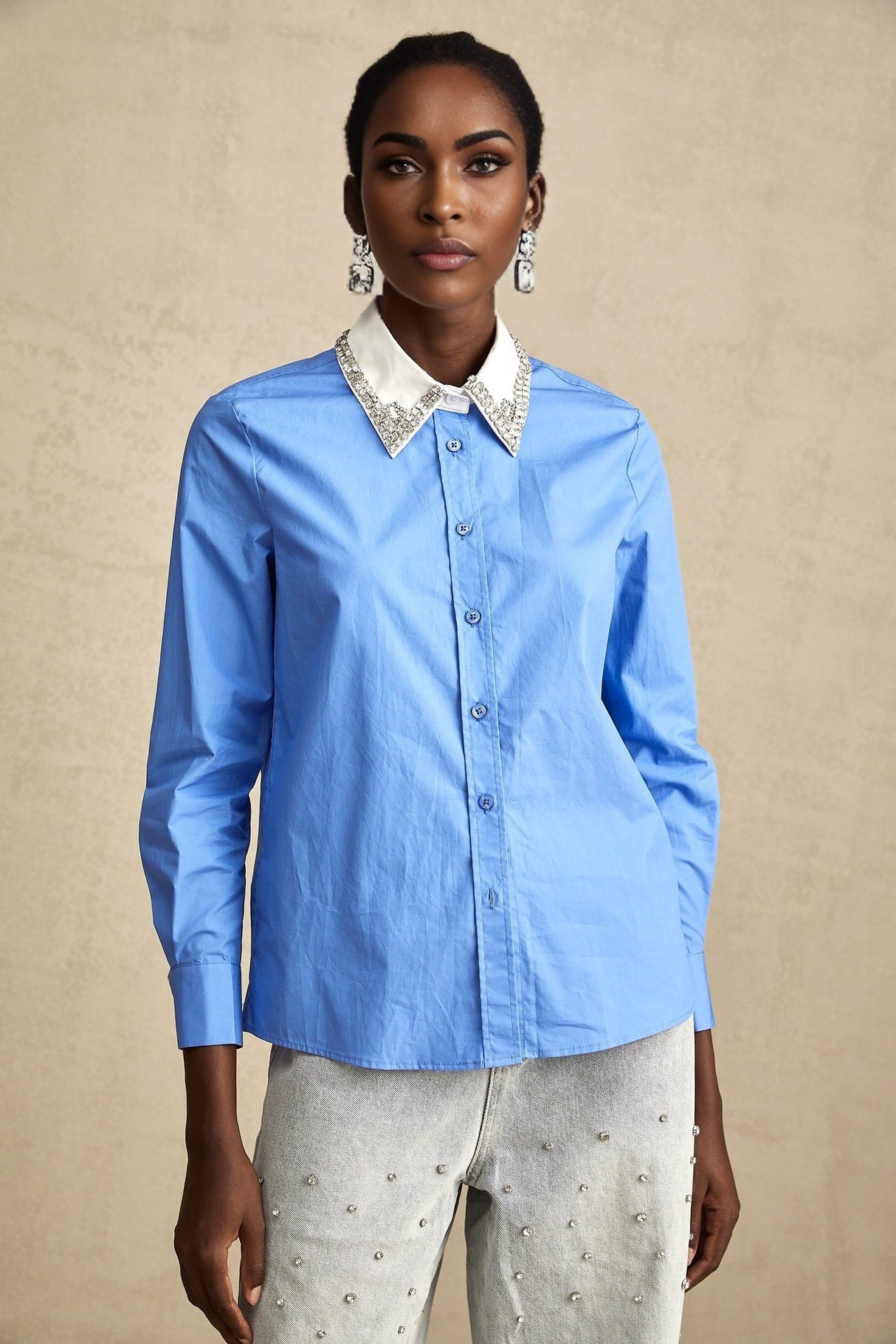 Lesly Shirt Blue Rhinestone Color Block Embellished & Chic
