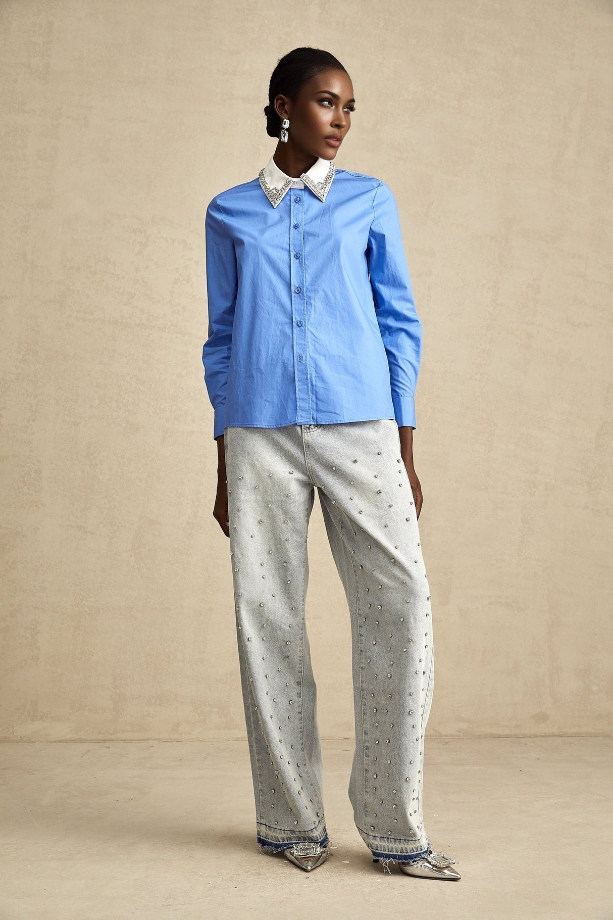 Lesly Shirt Blue Rhinestone Color Block Embellished & Chic