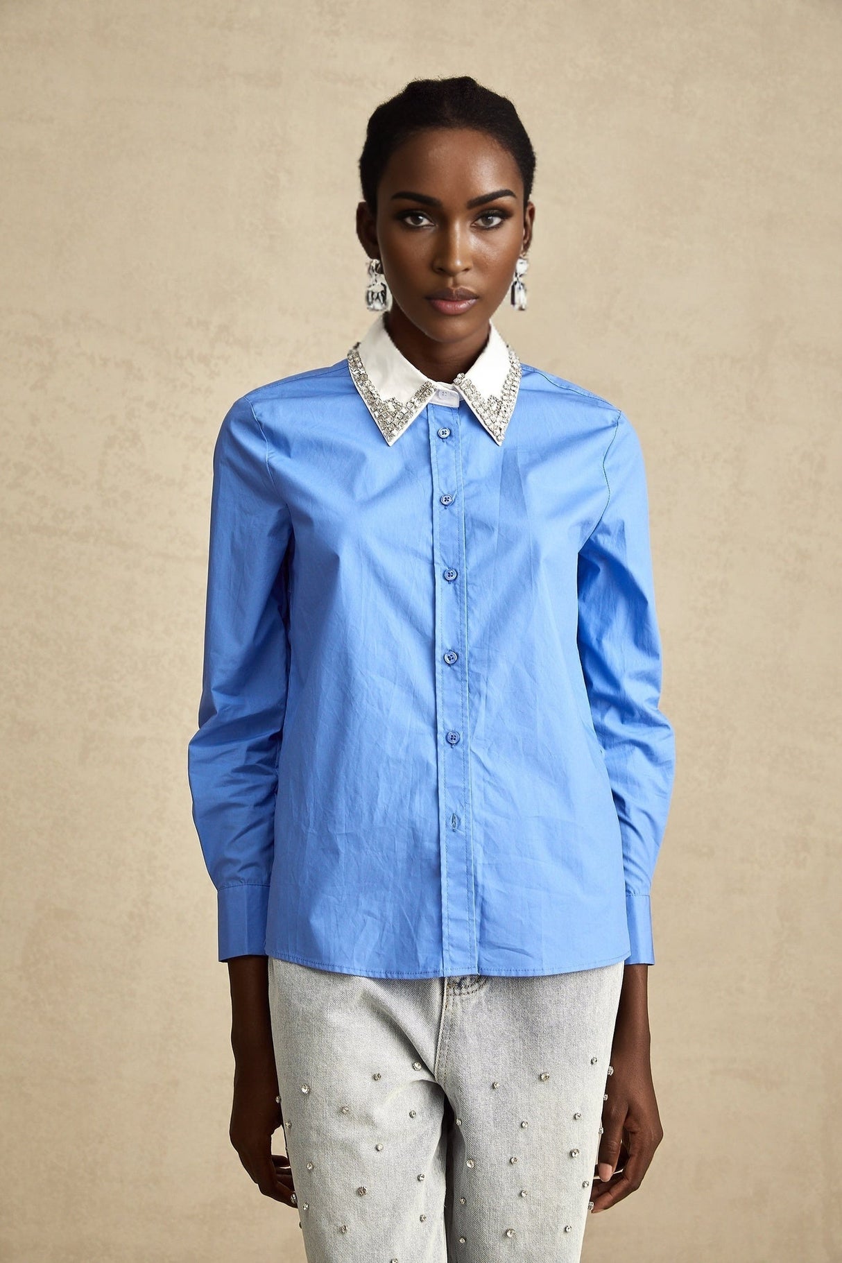 Lesly Shirt Blue Rhinestone Color Block Embellished & Chic