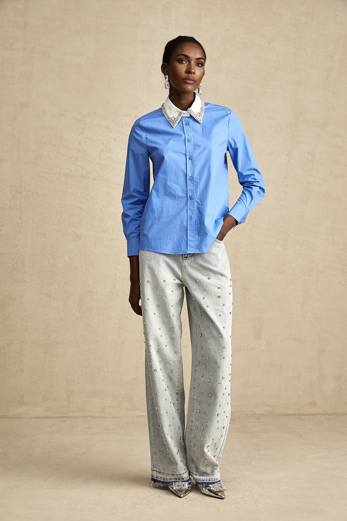 Lesly Shirt Blue Rhinestone Color Block Embellished & Chic