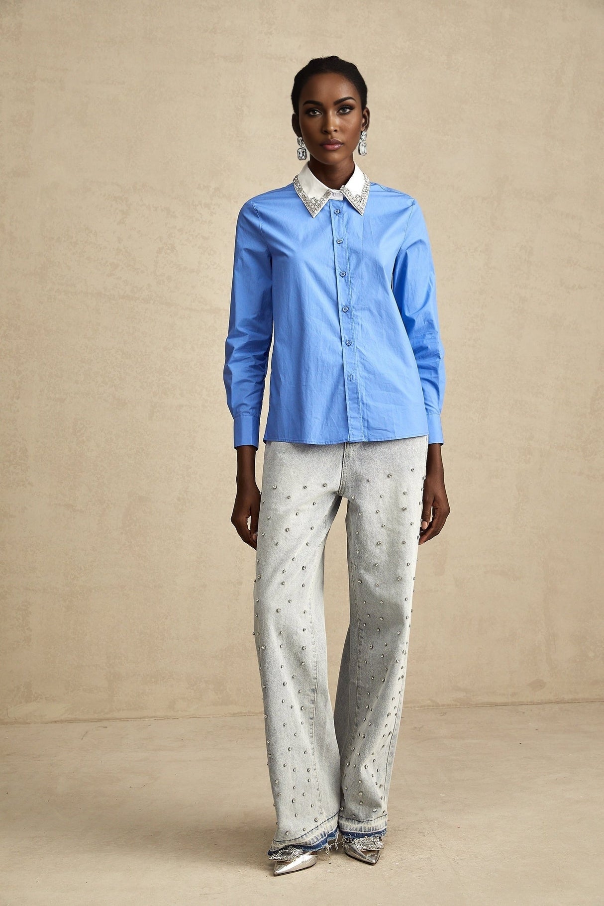 Lesly Shirt Blue Rhinestone Color Block Embellished & Chic