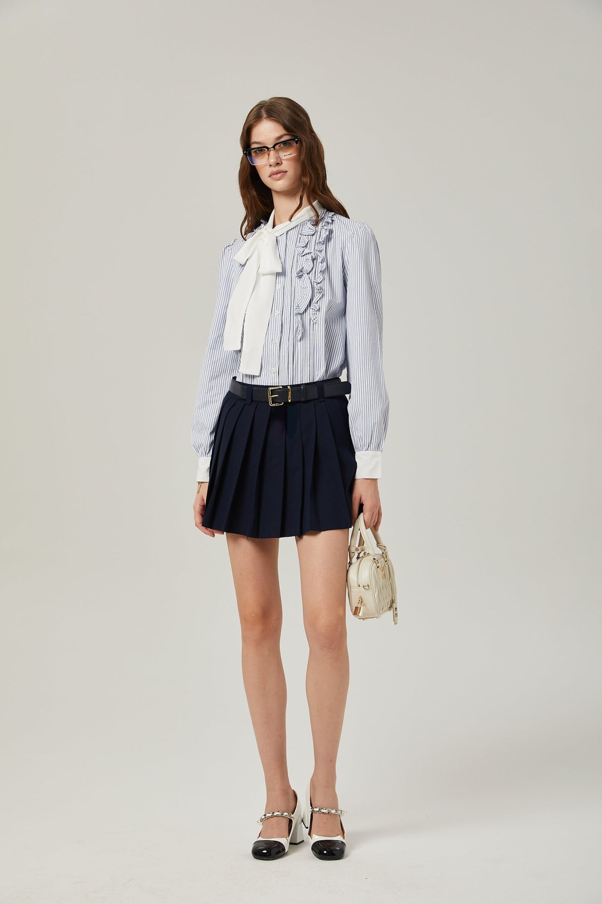 Lesly Skirt Navy Blue Embroidered Pleated ALine & Chic Mini Hem