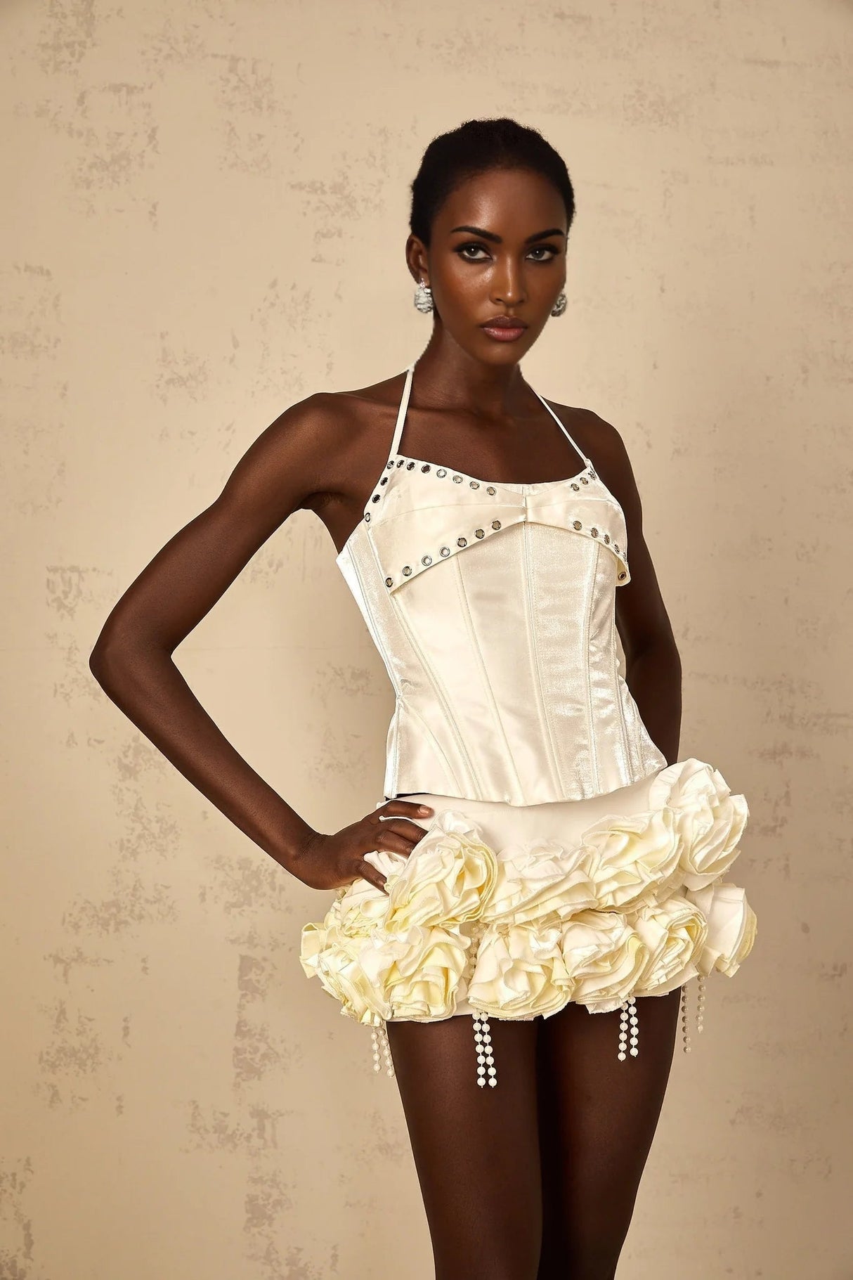 Lesly Top & Skirt Set White Floral Corset Embellished