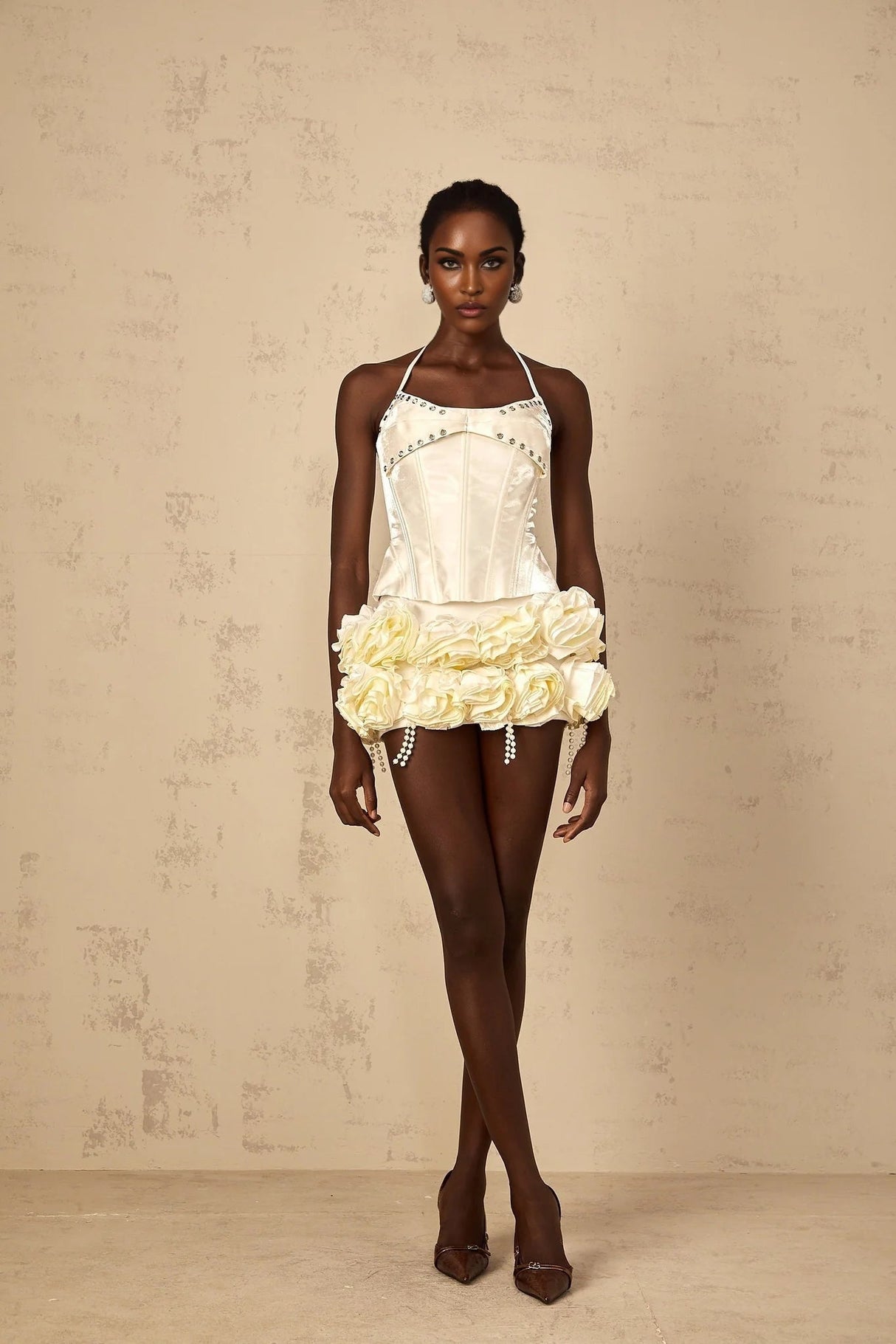 Lesly Top & Skirt Set White Floral Corset Embellished