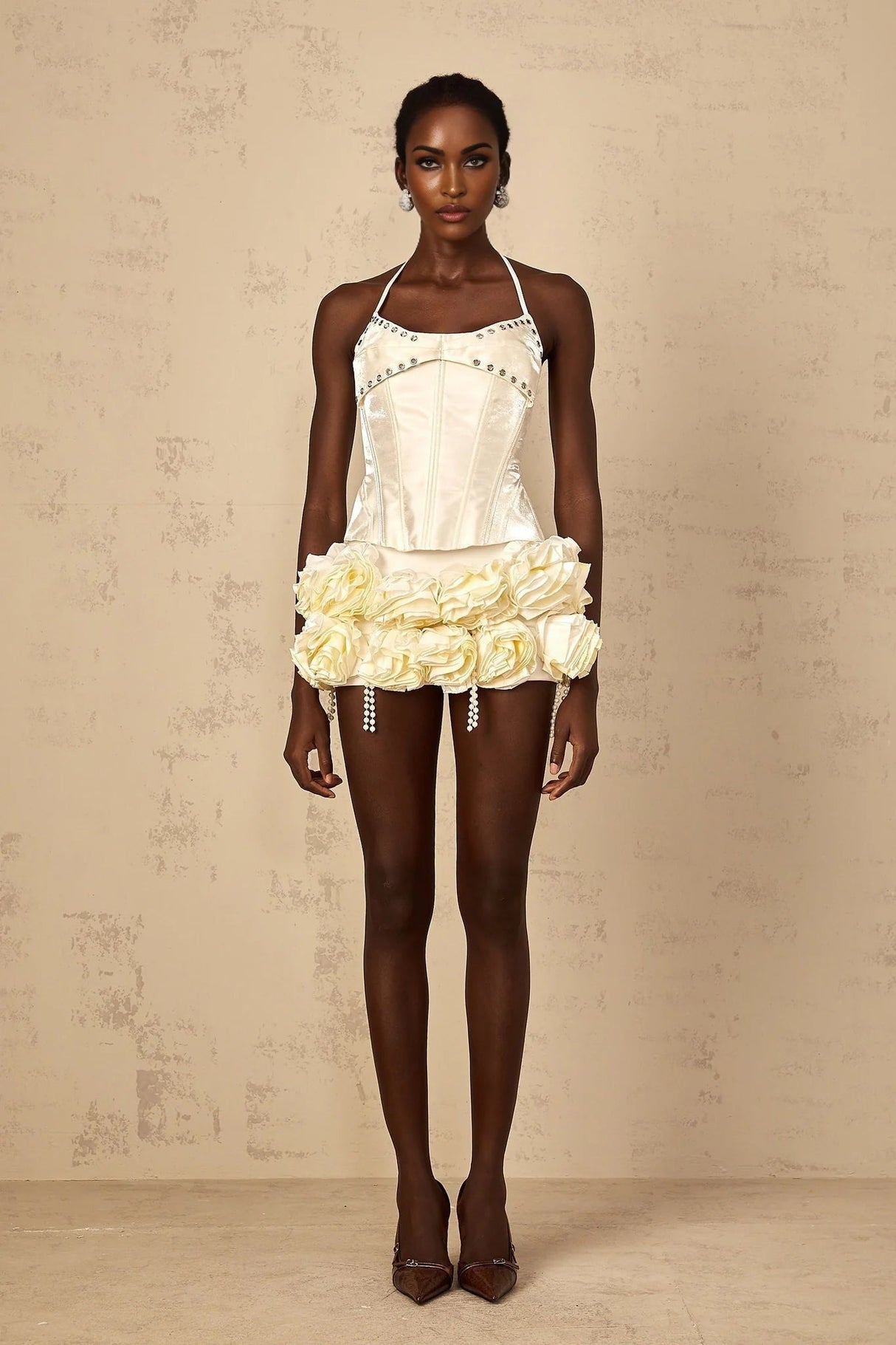 Lesly Top & Skirt Set White Floral Corset Embellished