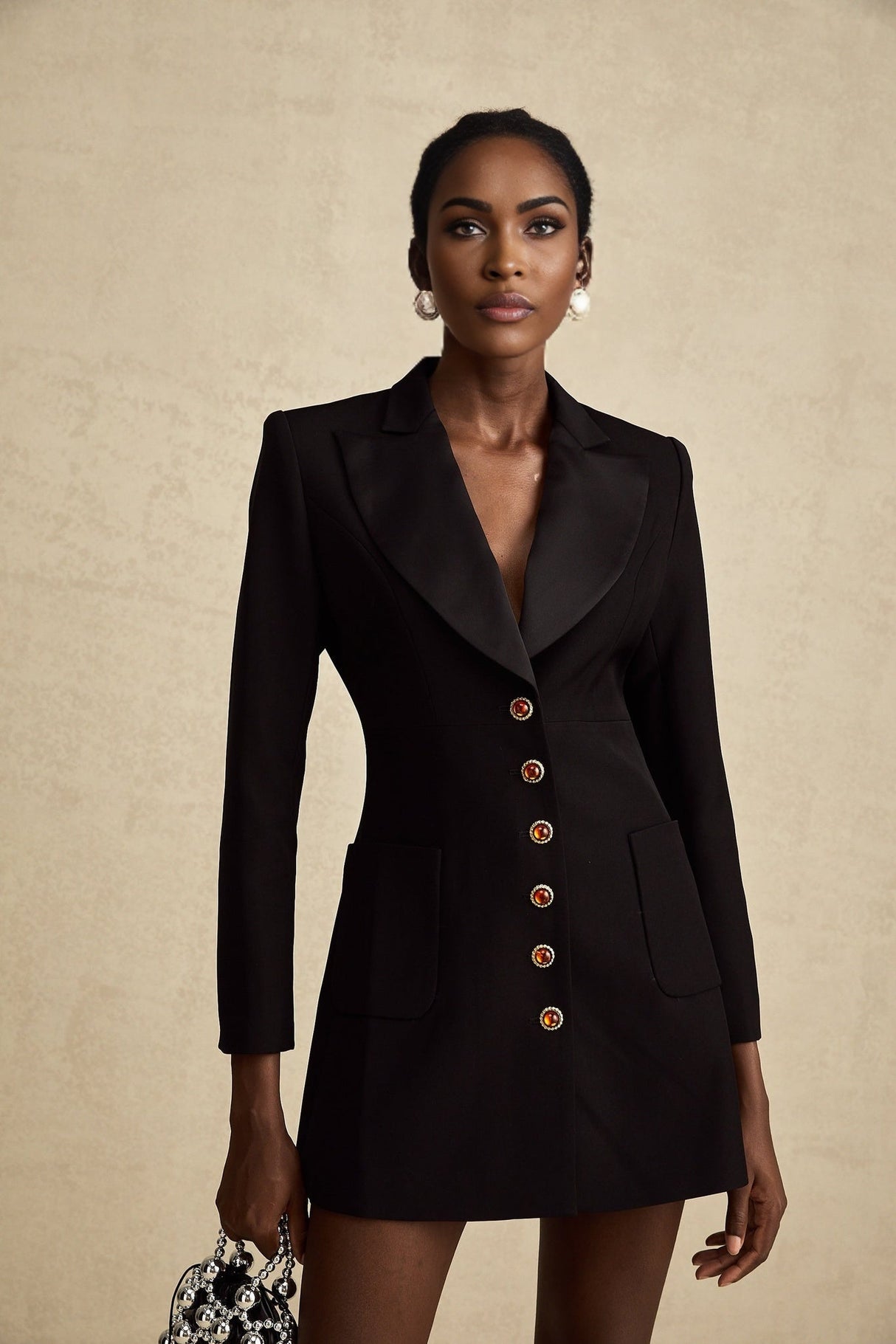 Letizia Blazer in Black Thigh Length Single Breasted Dress