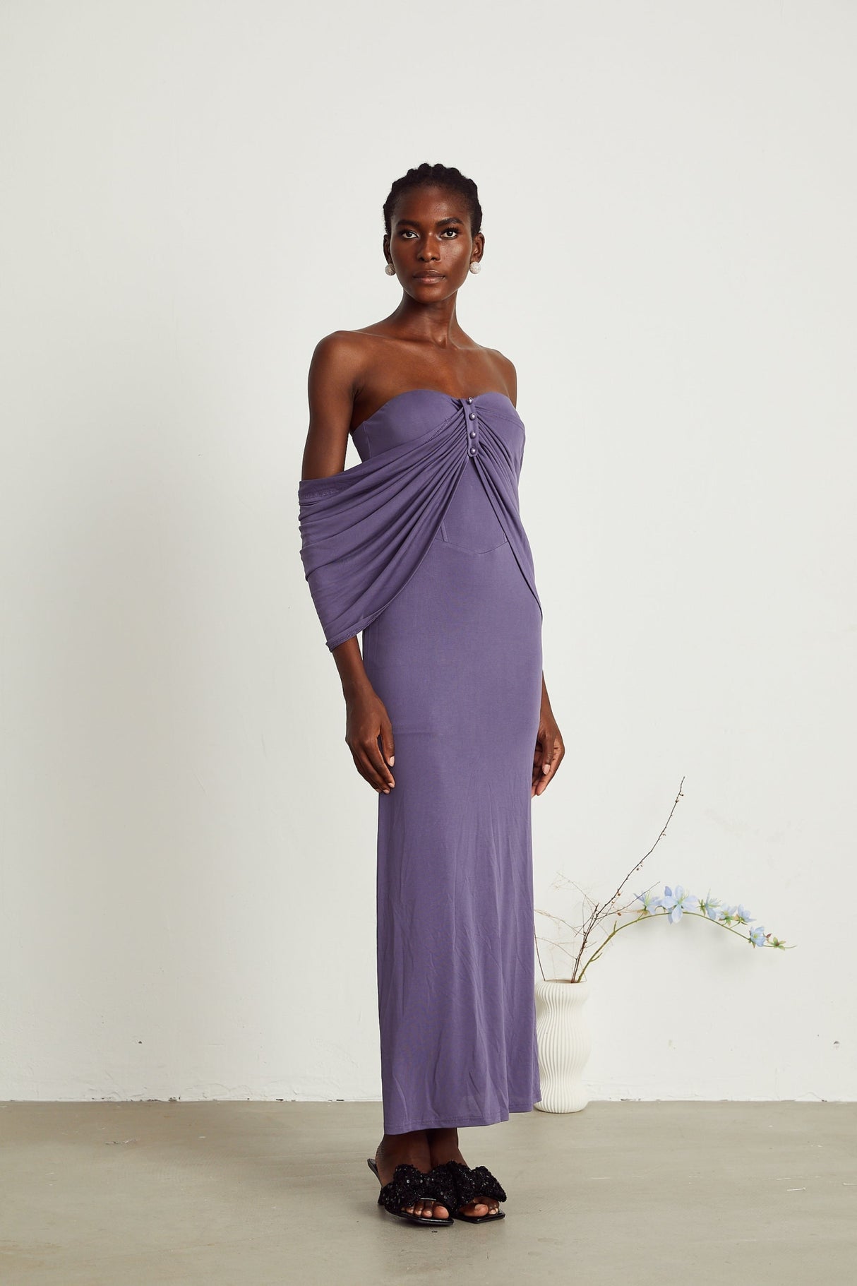 Letizia Midi Dress with Off Shoulder & Ruched Details in Purple