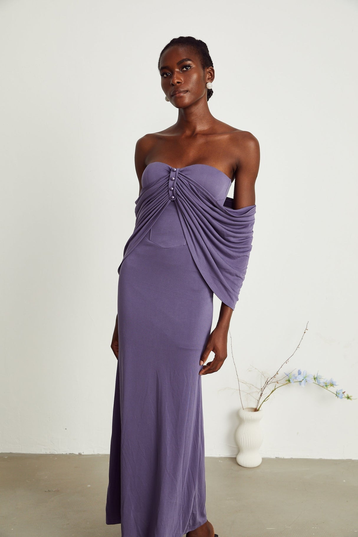 Letizia Midi Dress with Off Shoulder & Ruched Details in Purple