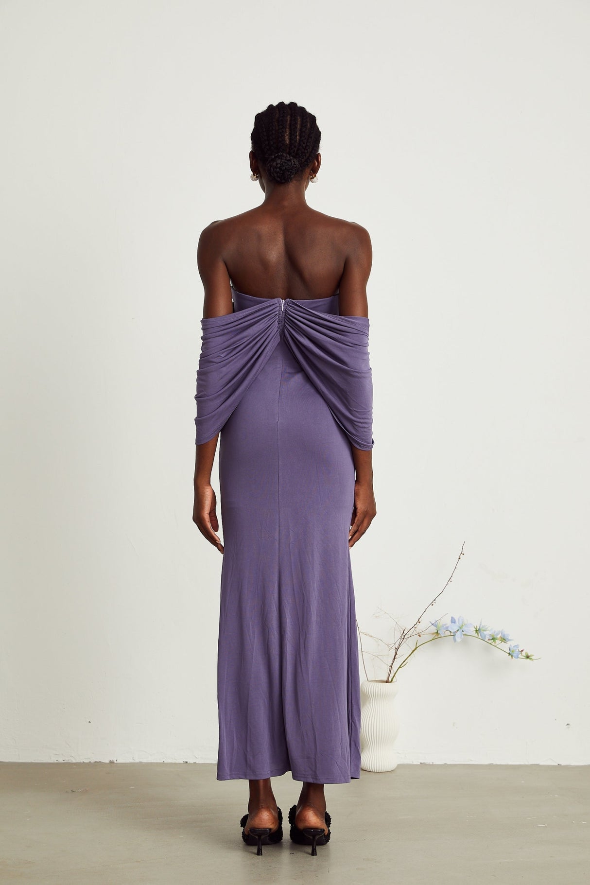Letizia Midi Dress with Off Shoulder & Ruched Details in Purple
