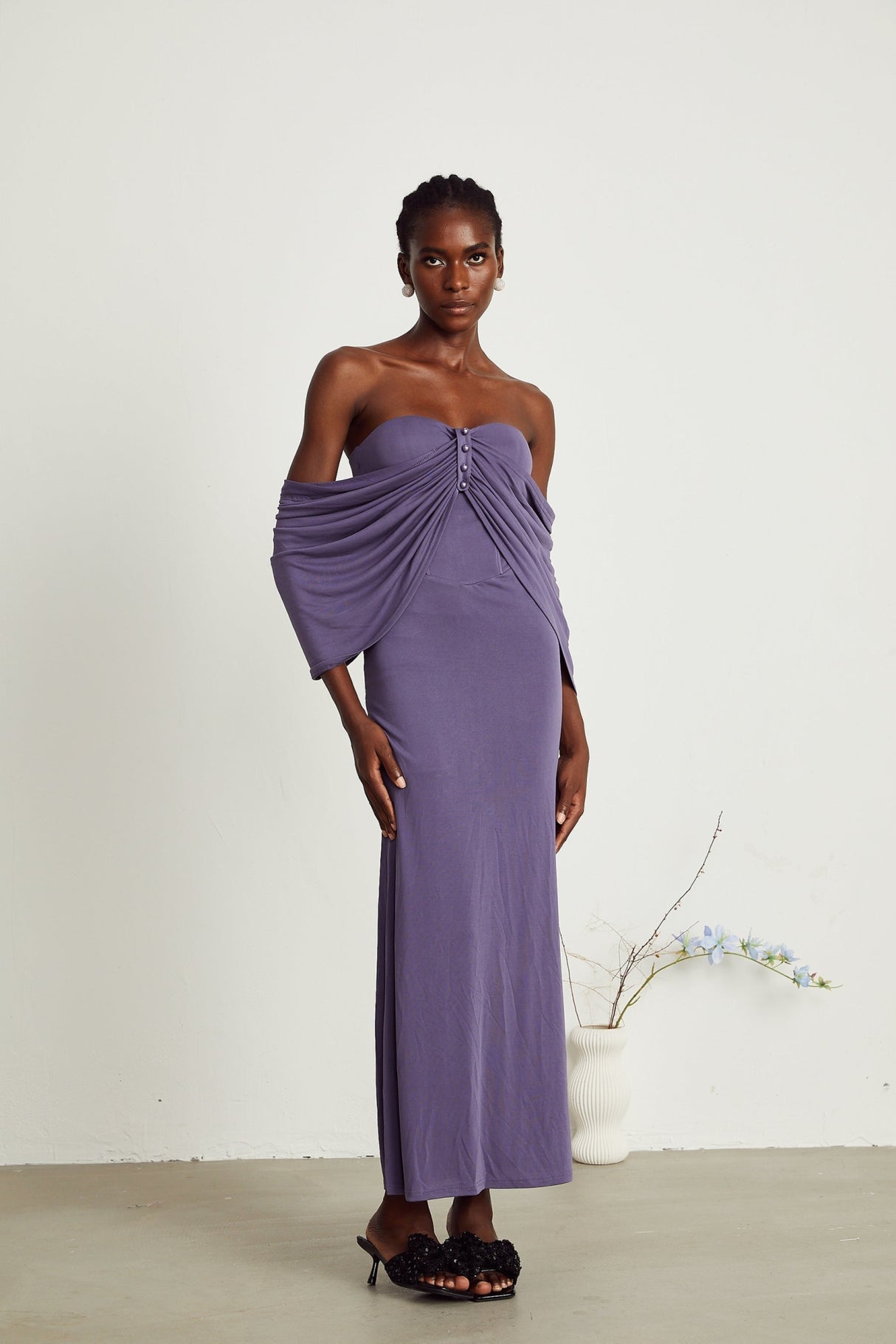Letizia Midi Dress with Off Shoulder & Ruched Details in Purple