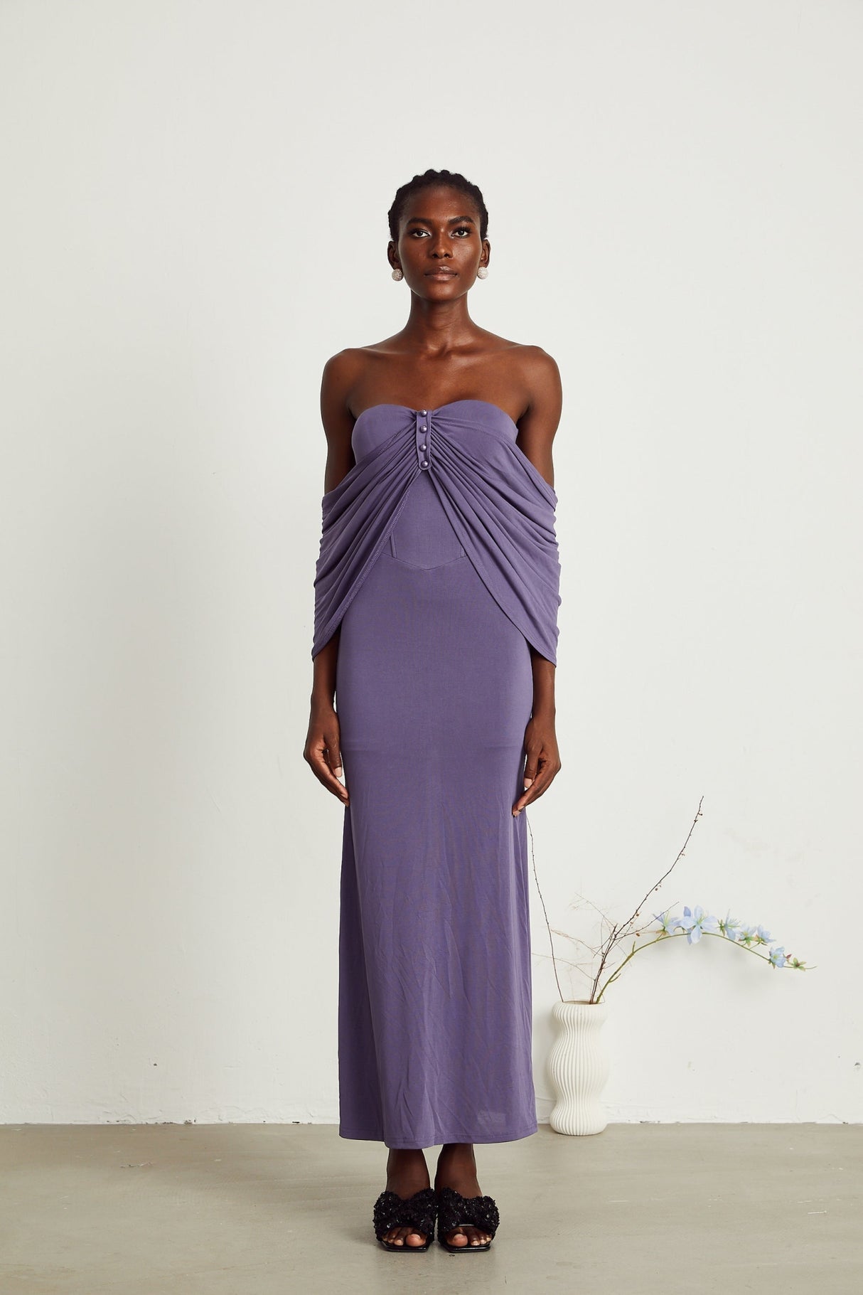 Letizia Midi Dress with Off Shoulder & Ruched Details in Purple