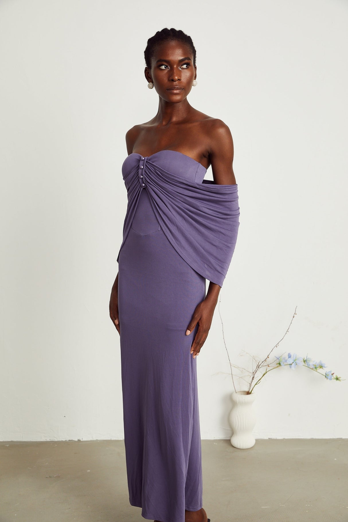 Letizia Midi Dress with Off Shoulder & Ruched Details in Purple