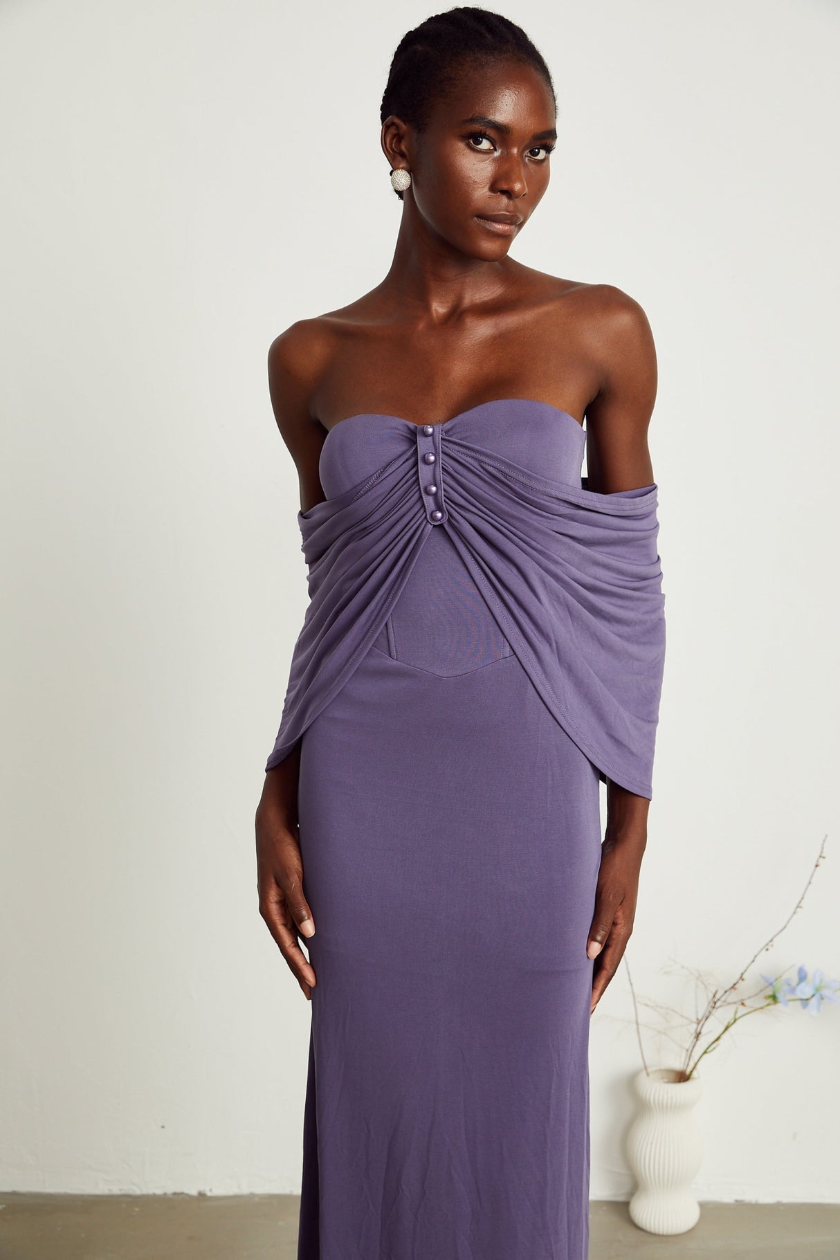 Letizia Midi Dress with Off Shoulder & Ruched Details in Purple