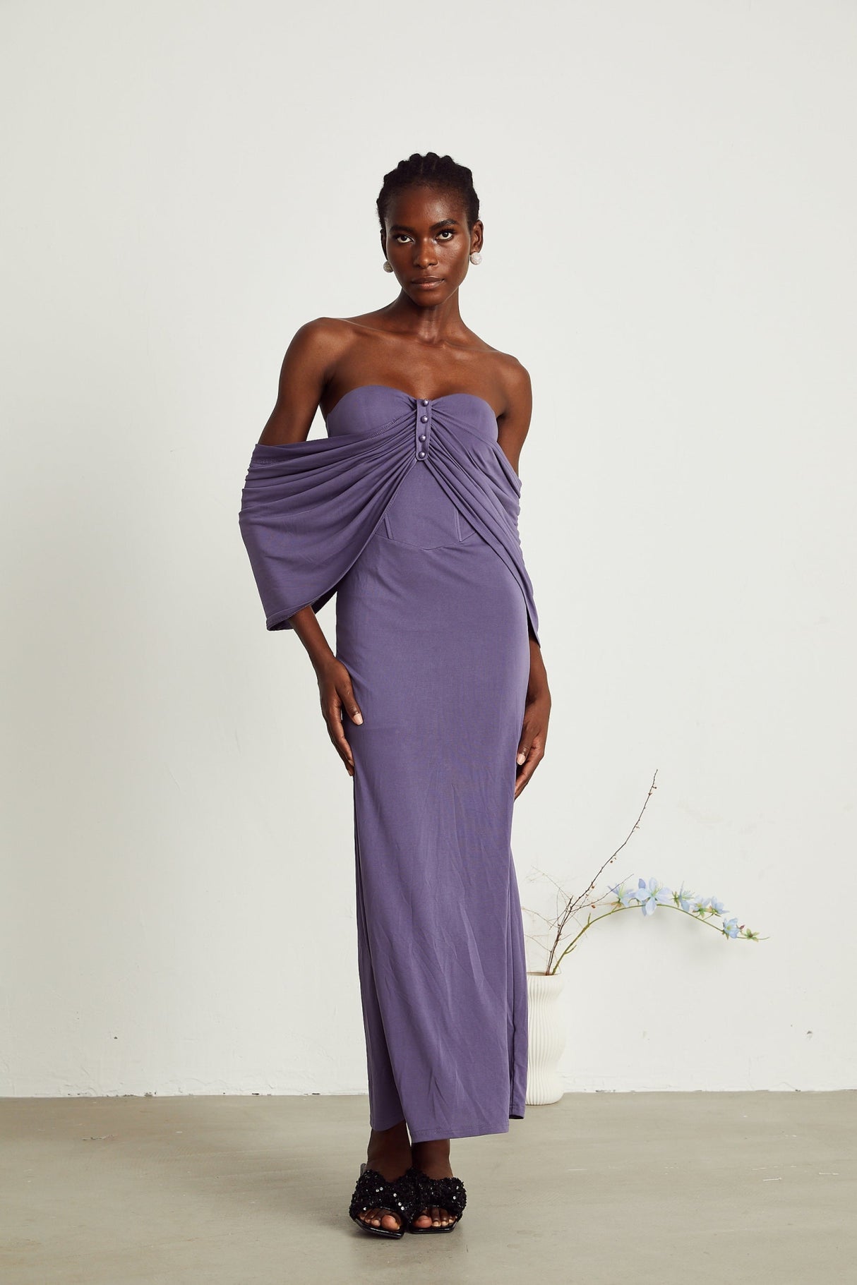 Letizia Midi Dress with Off Shoulder & Ruched Details in Purple