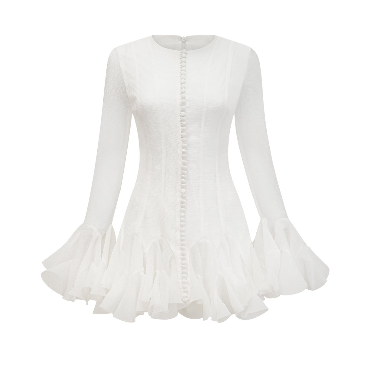 Letizia Mini Dress White Flared Sleeves Sheer Button Hem