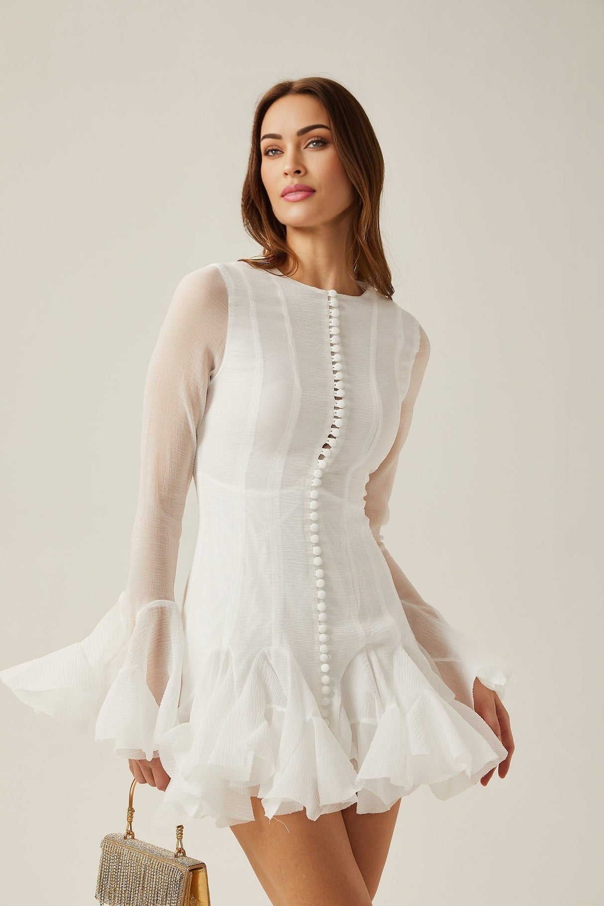 Letizia Mini Dress White Flared Sleeves Sheer Button Hem