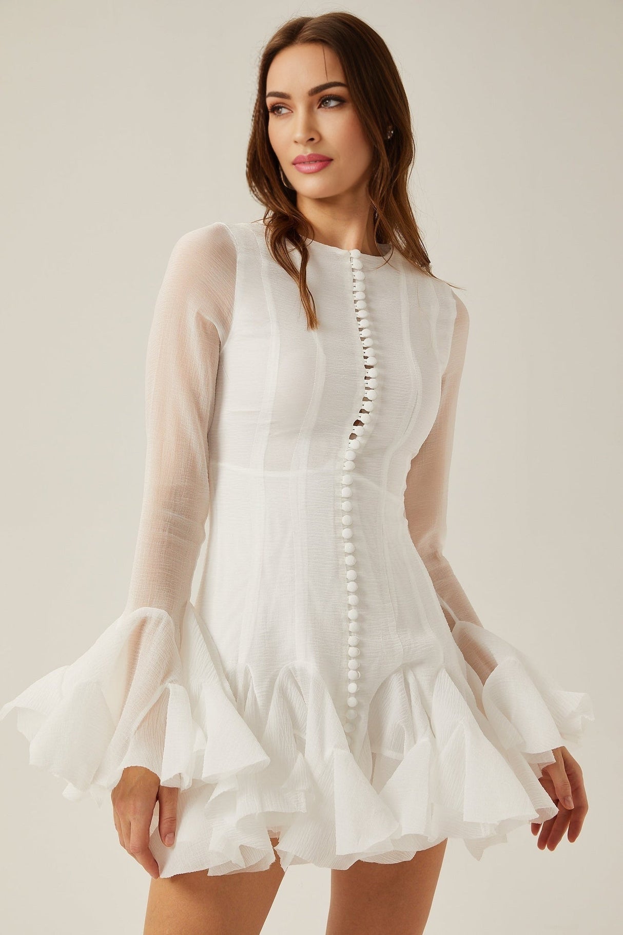 Letizia Mini Dress White Flared Sleeves Sheer Button Hem