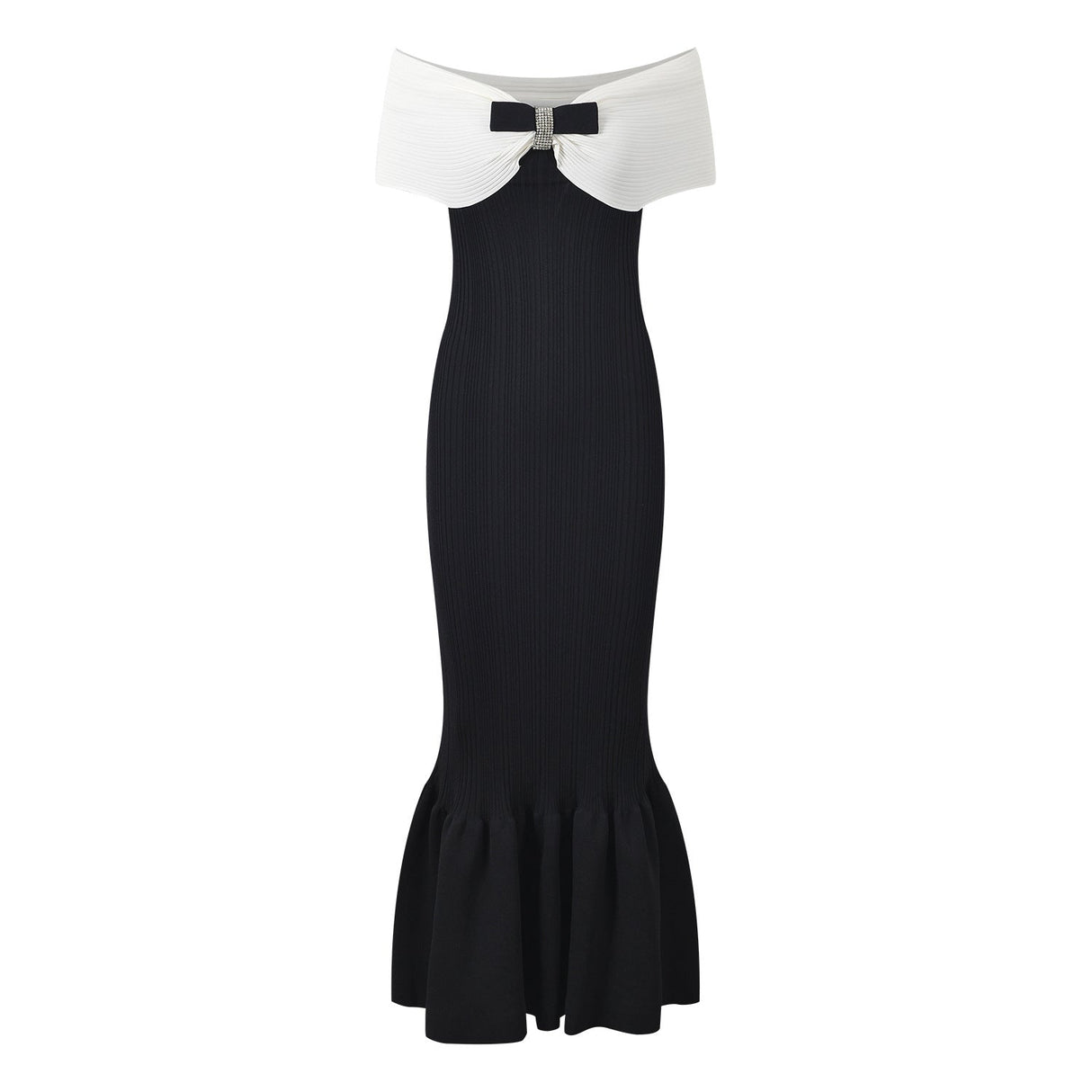 Lexi Dress - Fitted Silhouette With Flared Bottom - Off - Shoulder Design With Bow Detail - Bodycon Fit Enhancing Curves - Decorative Bow and Pleating