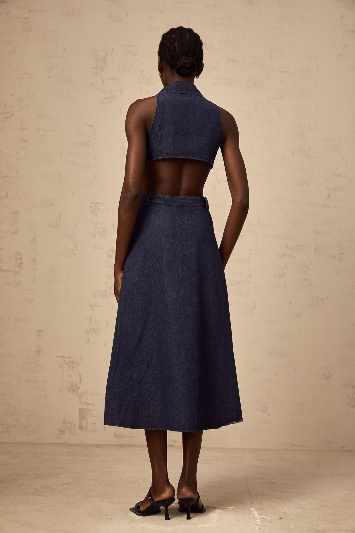 Lia Midi Dress Dark Blue Pointed Collar Cut Out Slit Pockets Buttons