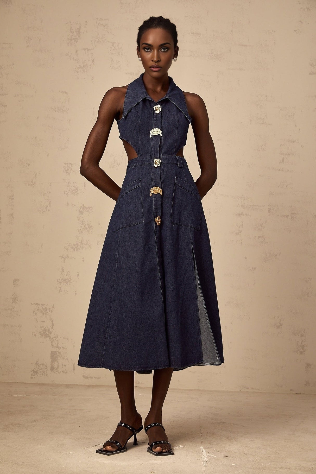 Lia Midi Dress Dark Blue Pointed Collar Cut Out Slit Pockets Buttons