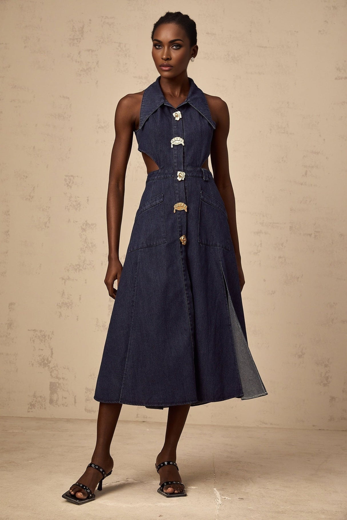 Lia Midi Dress Dark Blue Pointed Collar Cut Out Slit Pockets Buttons