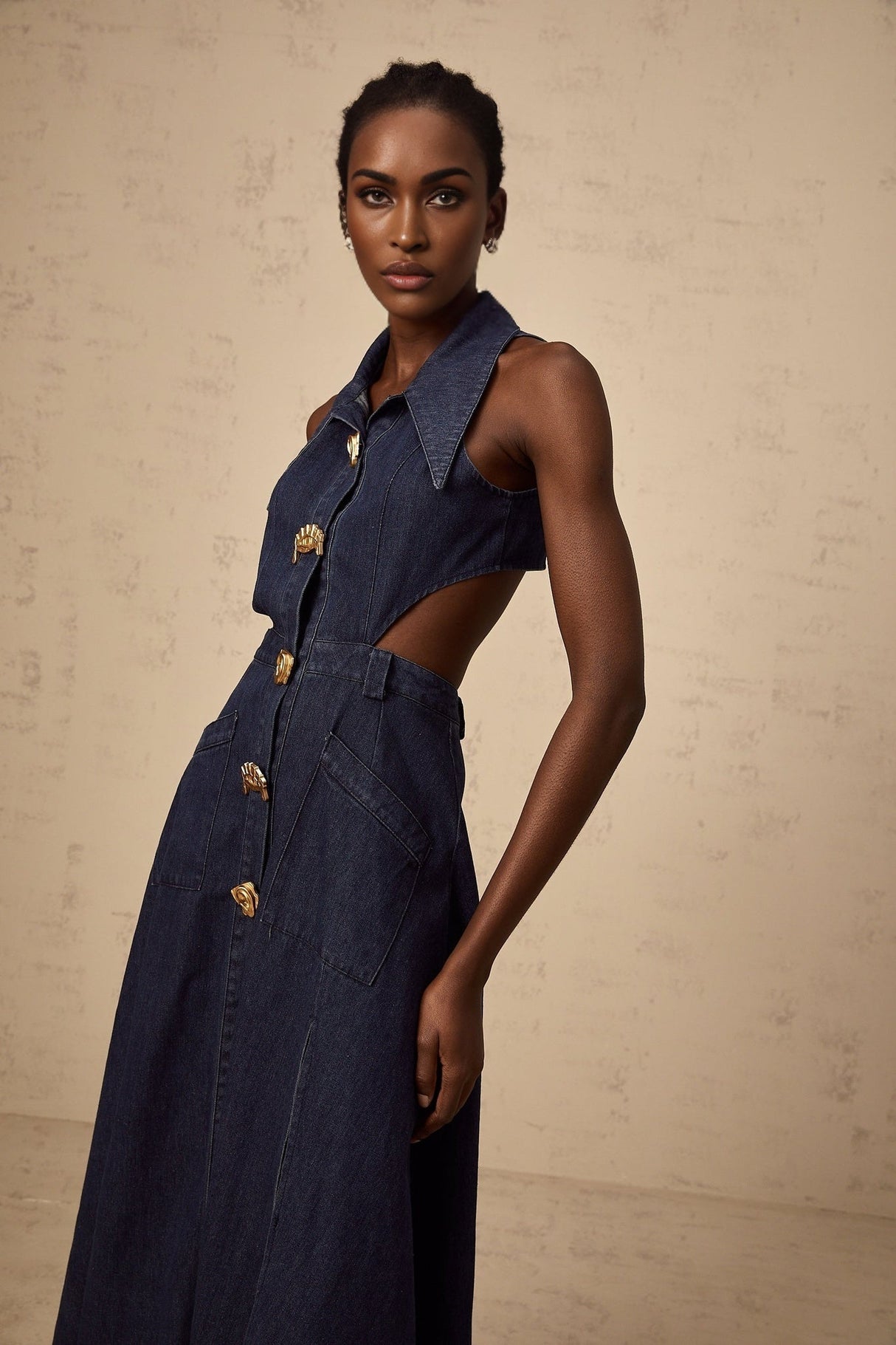 Lia Midi Dress Dark Blue Pointed Collar Cut Out Slit Pockets Buttons